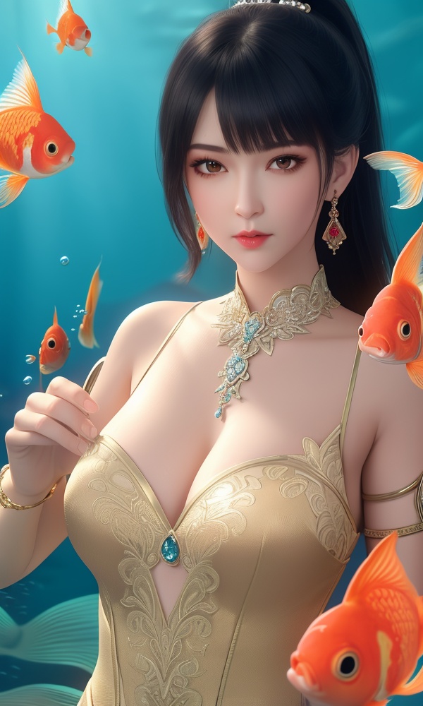 (,1girl, ,best quality, ),looking at viewer, <lora:418-DA-百炼成神-莫雨馨:0.8> ,, ,masterpiece, ((((, solo,  goldfish, ,solo focus, ,underwater, )))) ,ultra realistic 8k cg,   clean, masterpiece,     cinematic lighting, cinematic bloom,  (( , )),, , unreal, science fiction, luxury, jewelry, diamond, gold, pearl, gem, sapphire, ruby, emerald, intricate detail, delicate pattern, charming, alluring, seductive, erotic, enchanting, hair ornament, necklace, earrings, bracelet, armlet,,(cleavage), 1girl, , , depth_of_field, solo, , ,