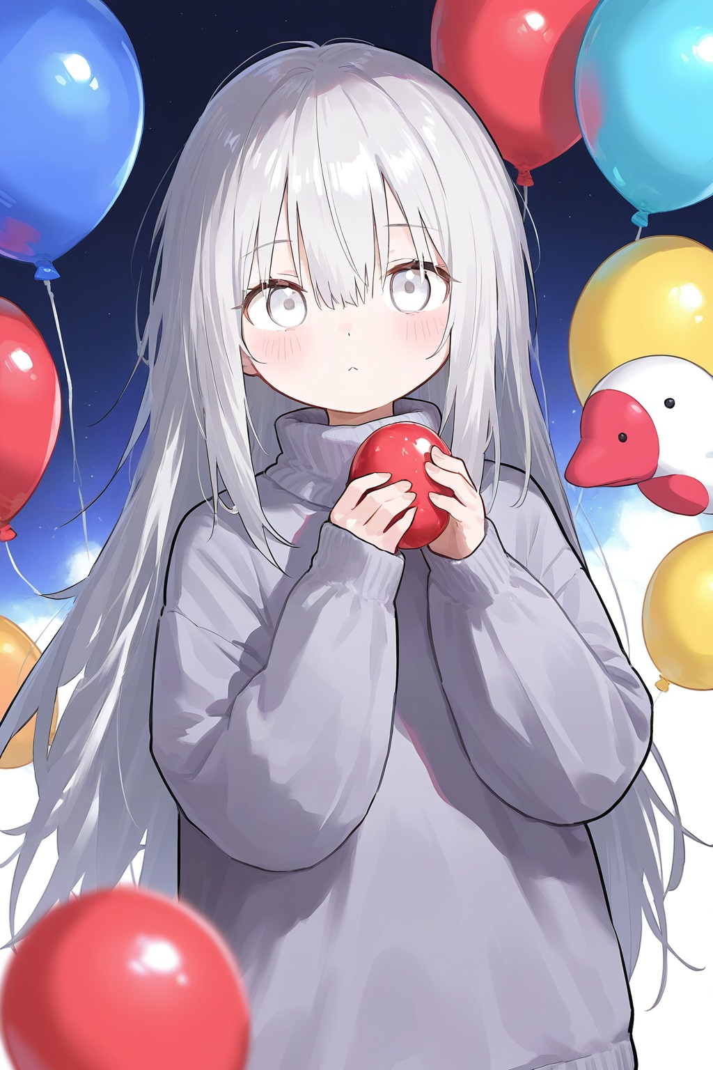 1girl,solo,long hair,looking at viewer,blush,bangs,long sleeves,holding,hair between eyes,very long hair,closed mouth,grey hair,sweater,sleeves past wrists,turtleneck,:<,balloon,white eyes,grey sweater,holding balloon,