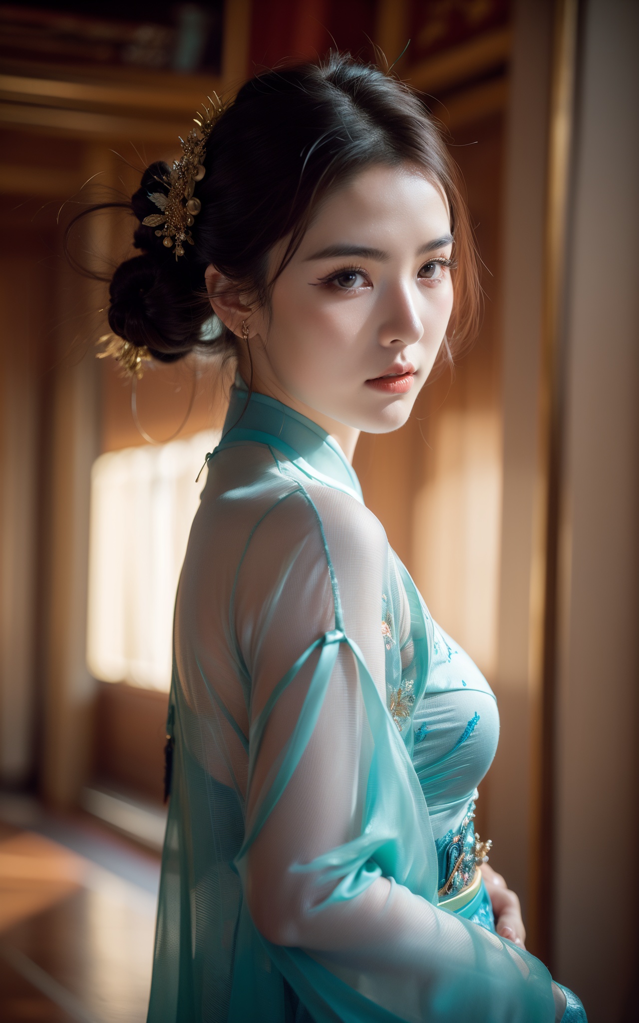 (art by Anna Dittman:1)(art by Alessio Albi:1.2),(masterpiece, top quality, best quality, official art, beautiful and aesthetic:1.2),Fine handmade fabric,Dramatic light,cover art body art future girl,A shallow smile,1girl,16yo, Korean Idol, Dynamic Dance, Sexy Clothing,China's Forbidden City is in the background,cheongsam
