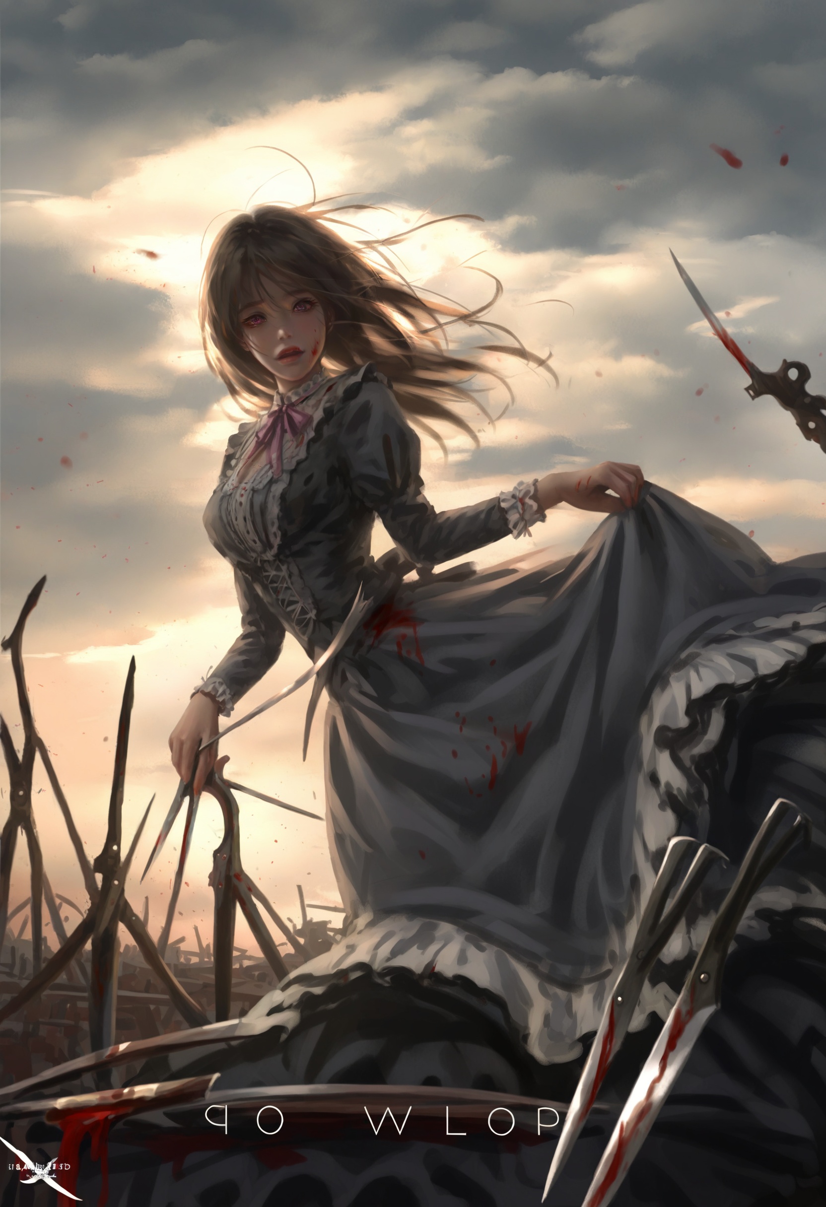 masterpiece, best quality,1girl,   realistic, solo, 1011ta dress, yandere, (sky:1.1), cloud, star, (sky:1.1), border, scissors, blood splatter, dress, blood, junkyard, frills, long hair <lora:wlopXLlokr4f-000187:0.95>