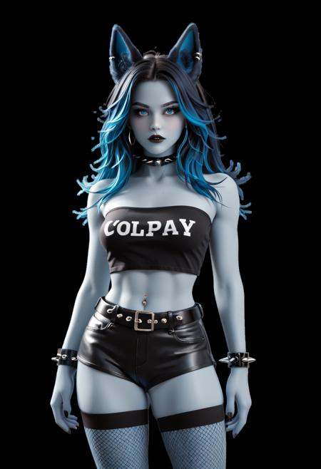Abstract style score_9, score_8_up, score_7_up,  <lora:Pepper:1> coll-pepper, 1girl, fishnets, multicolored hair, shorts, blue eyes, animal ears, spikes, piercing, thighhighs, belt, spiked bracelet, bracelet, blue hair, breasts, multicolored skin . Non-representational, colors and shapes, expression of feelings, imaginative, highly detailed