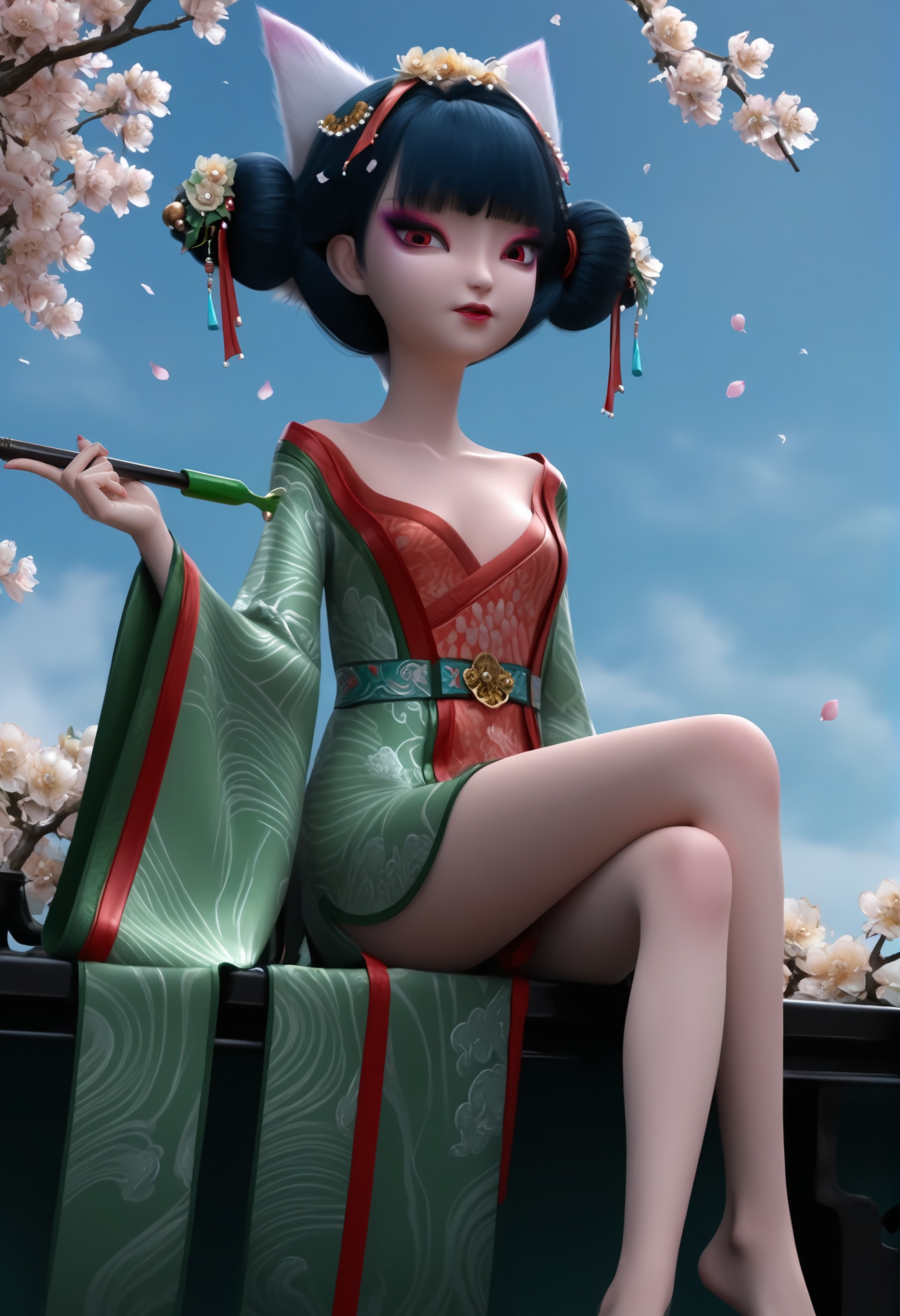 (score_9),<lora:宝青坊-Apony:0.85>,fangzhu,solo,1girl,hair ornament,hair flower,hair bun,tassel hair ornament,bangs,black hair,chinese clothes,fox ears,wide sleeves,barefoot,belt,holding smoking pipe,a smoking pipe,glamor,collarbone,puffy breasts,sitting,crossed legs,barefoot,branch,twig,falling petals,in spring,gradient_sky,OverallDetail,fair_skin,(white_skin),(Ivory_skin),<lora:detailed_notrigger:1>,<lora:perfect-eyes:0.8>,<lora:a修手:0.3>,<lora:e色温:0.5>,<lora:e肤色滑块:0.5>,<lora:SDS-XL泛光调节器_v1.0:0.1>,