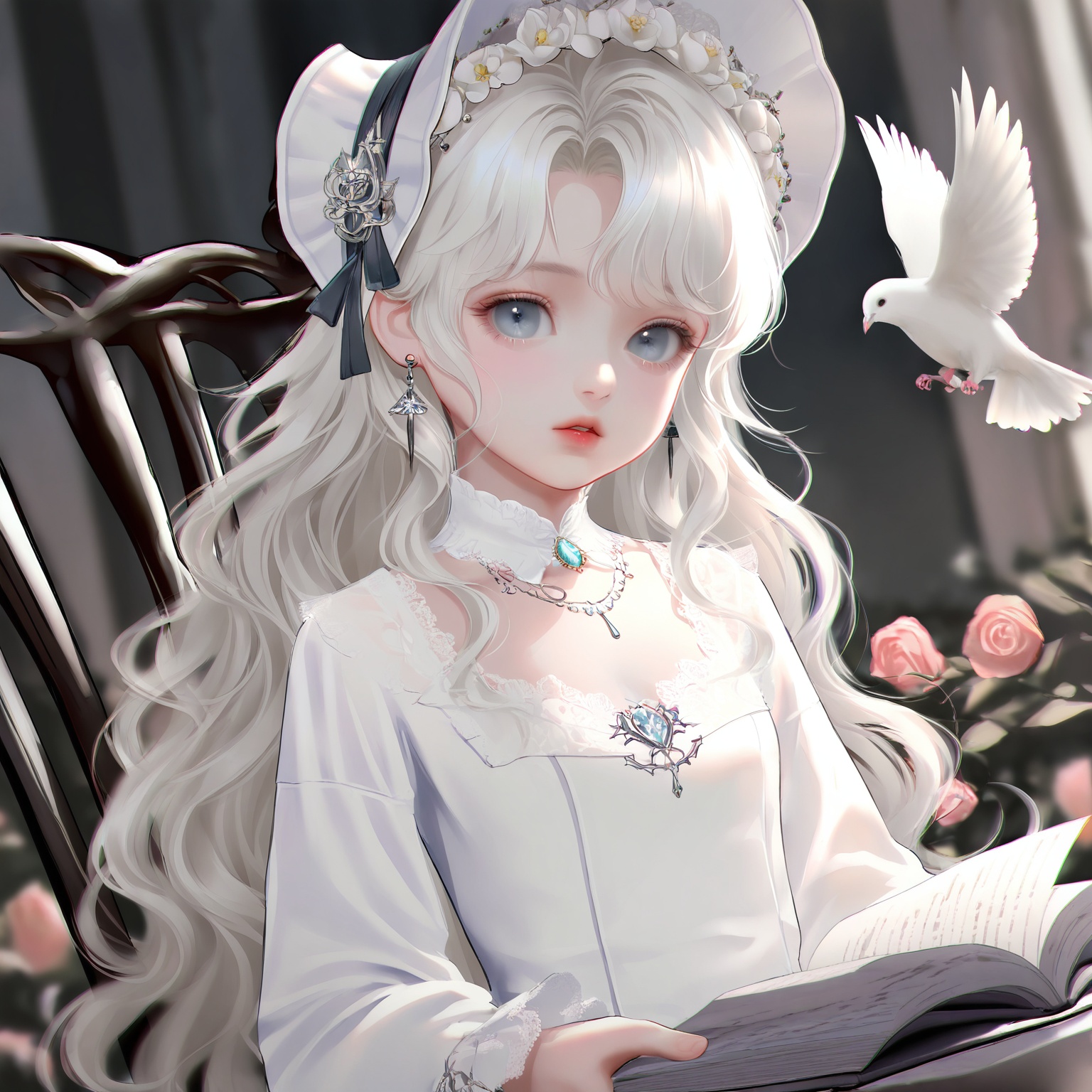 masterpiece,very aware,highres,absurdres,newest,best quality,loli,petite,high quality,chromatic_aberration,cinematic_angle,dutch angle,//,loli,1girl,flower,bird,jewelry,white hair,book,white rose,rose,white flower,holding,long hair,solo,holding book,earrings,dress,white dress,bonnet,necklace,dove,sitting,looking at viewer,white theme,chair,long sleeves,wavy hair,grey eyes,open book,white headwear,lace trim,gem,parted lips,upper body,hair flower,outdoors,frills,hat,expressionless,white bird,lace,hair ornament,blue eyes,lips,red lips,lace-trimmed dress,//,official art,depth of field,detailed light,blurry background,best shadow,shiny skin,cinematic lighting,ray tracing,amazing quality,very aesthetic,absurdres,beast quality,ultra detailed,newest,8K,HDR,//,<lora:touxiang——【noob】hans:0.8>,