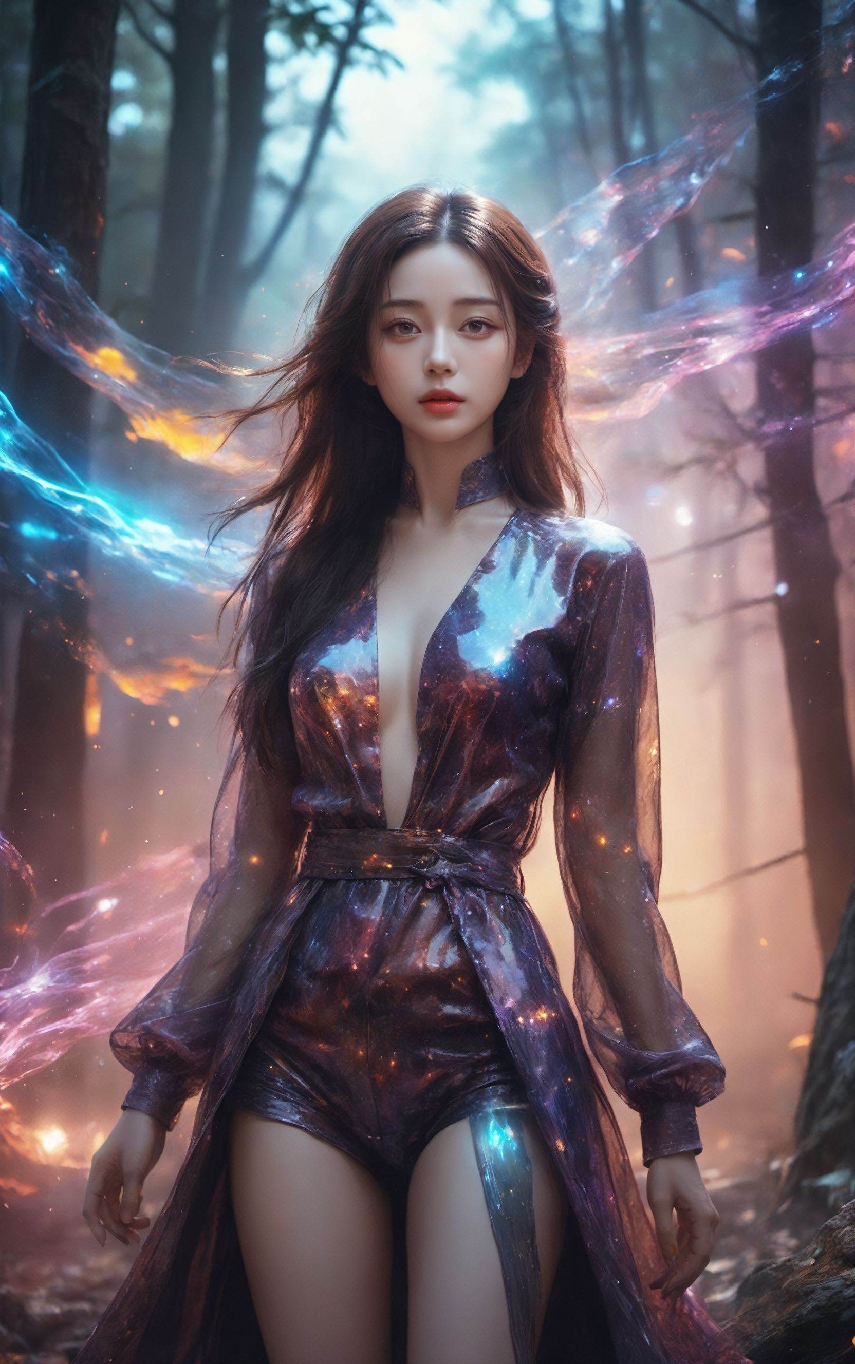 rich colors,high contrast,sexy full shot body photo of the most beautiful artwork in the world,illustration,cinematic light,fantasy,highres,highest quallity,ultra detailed,best quality,masterpiece,(detailed face),(slutty) woman wears a shirt and (torn) fullbody (transparent galaxy) cloths coat,floating cloth,see throug,choker,fantasy forest with glowing neon details,(full body:1.5),