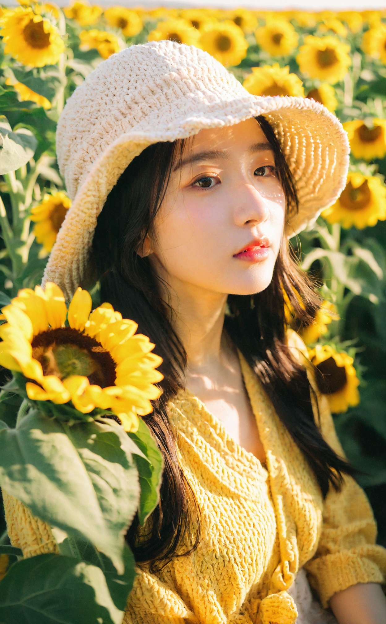 mugglelight, a girl with a sun hat, sitting in a field of sunflowers, bathed in the golden glow of sunset, warm hues, peaceful ambiance, natural beauty.korean girl,black hair,