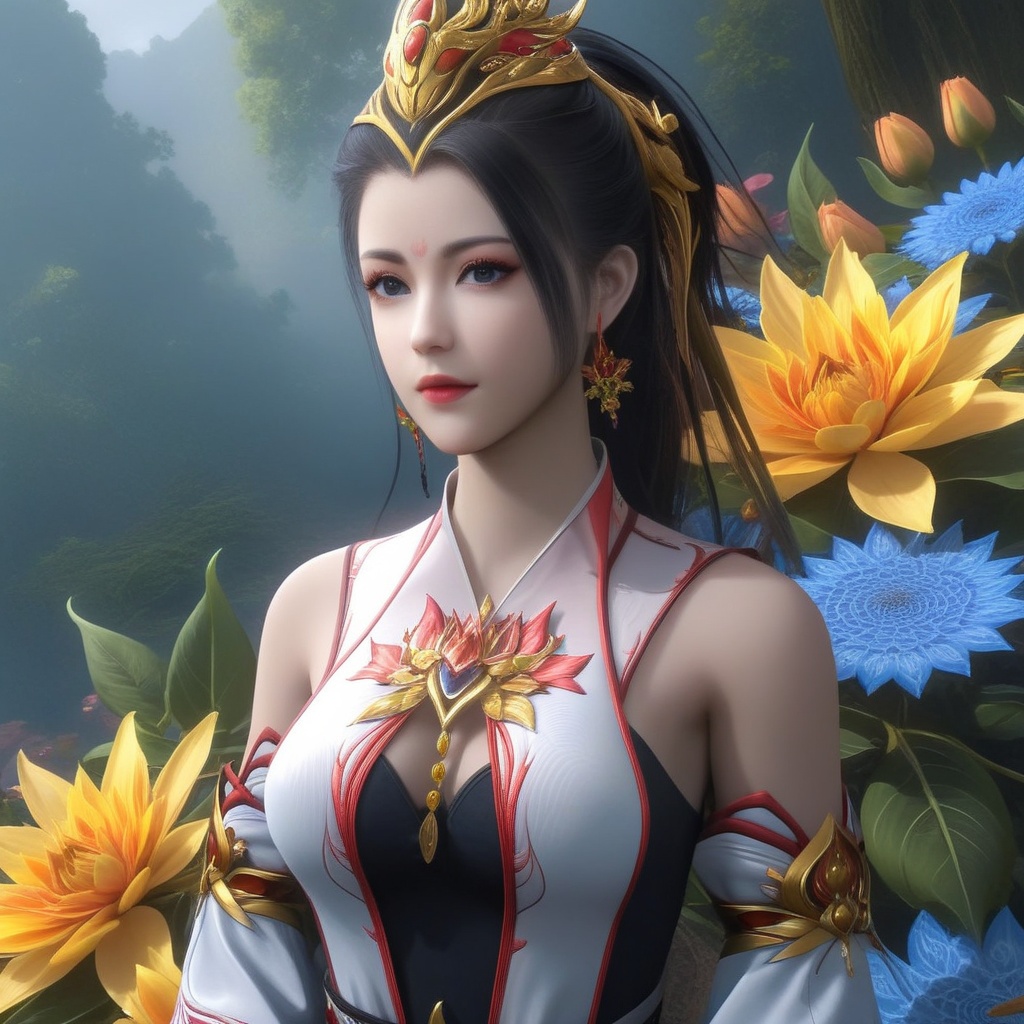 <lora:710-DA-XL-师兄啊师兄-酒玖:0.8>(,1girl, ,best quality, ),looking at viewer,,anime,(masterpiece, top quality, best quality, official art, beautiful and aesthetic:1.2), (1girl)	, , (cleavage),extreme detailed,(fractal art:1.3),colorful, flowers ,highest detailed,(by Jeremy Lipking)    (cleavage), (), 