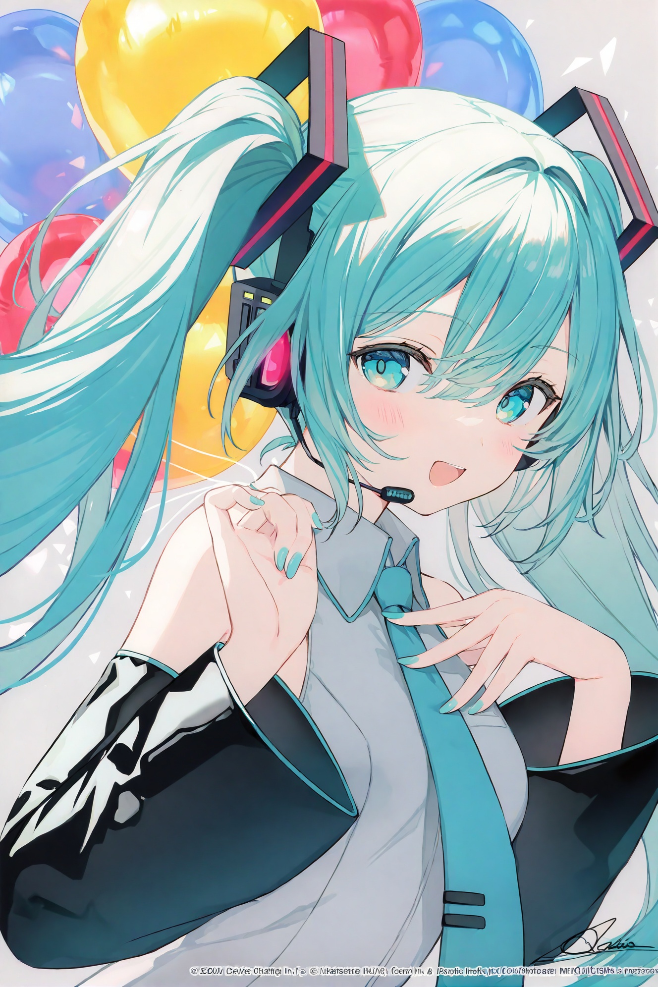 loli,1girl,hatsune miku,solo,long hair,balloon,necktie,twintails,detached sleeves,aqua nails,aqua hair,open mouth,headset,very long hair,shirt,aqua eyes,black sleeves,aqua necktie,smile,copyright notice,heart balloon,nail polish,looking at viewer,signature,upper body,hair between eyes,collared shirt,sleeveless,sleeveless shirt,hand on own chest,hair ornament,long sleeves,watermark,tie clip,white shirt,blue necktie,bare shoulders,anniversary,blush,grey shirt,:d,grey background,microphone,(masterpiece,best quality,highres,absurdres,best quality,amazing quality,very aesthetic,absurdres),