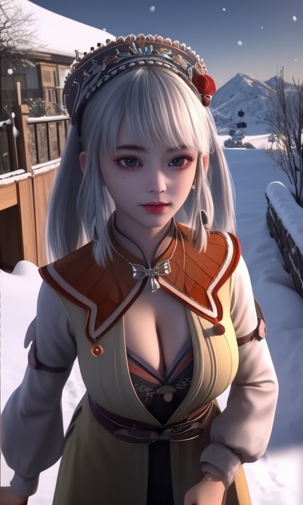 (,1girl, ,best quality, ),looking at viewer, <lora:433-DA-少年歌行-小白:0.8> ,, ,masterpiece, (( , )),, realistic,science fiction,mole, ultra realistic 8k cg, ,      ,outdoors, snow, snowing, snow on head, sun,sunset,sunlight,moonlight,full moon, red moon,  crescent moon,  crescent rose,  black rose,       (cleavage), (),