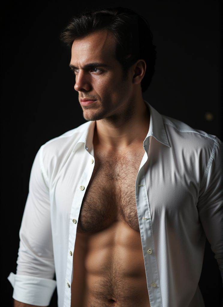 Henry Cavill ,  Photorealistic . sheer white shirt half‑removed. intricate fabric textures. dramatic studio lighting. ultr...