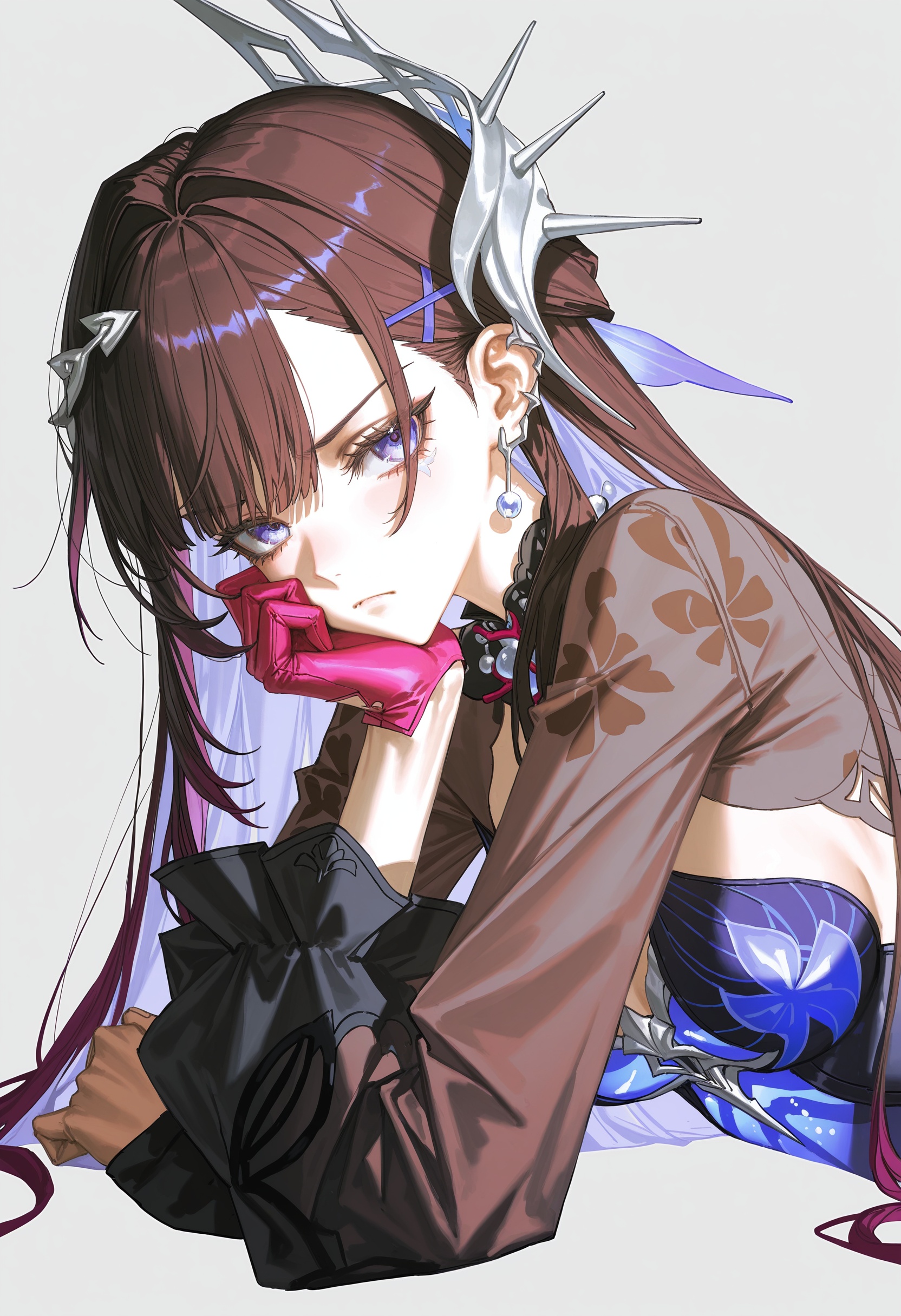 hysilens \(honkai: star rail\),1girl,brown hair,brown shirt,colored inner hair,coral,cropped torso,earrings,fish,frown,gloves,grey background,hair ornament,head rest,jewelry,long hair,looking at viewer,multicolored hair,multiple earrings,pink gloves,purple eyes,purple hair,shirt,simple background,single glove,solo,very long hair,<lora:hysilens_v01-000033>,(artist:quasarcake:0.8),extreme aesthetic,(wlop:0.6),(honjou raita,lack,rella,wanke:0.5),masterpiece,best quality,good quality,newest,year 2024,year 2023,very aesthetic,absurdres,Visual impact,A shot with tension,ultra-high resolution,32K UHD,sharp focus,best-quality,masterpiece,