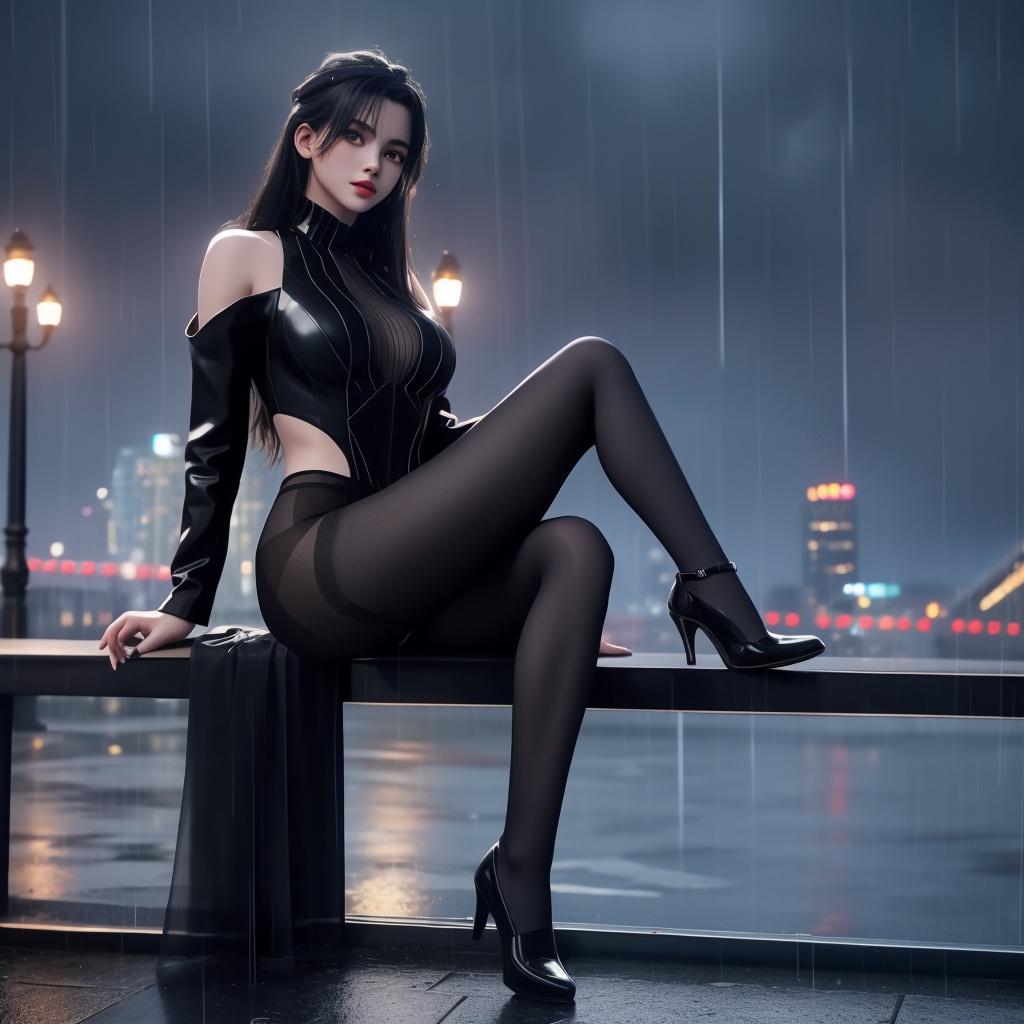<lora:780-DA-神澜奇域-主持人:0.8>, 1girl,solo,black pantyhose,night,rain,leaning back,dynamic lighting,modern,vogue, sitting,score_9,score_8_up,score_7_up,masterpiece,best quality,8k,masterpiece,best quality,8k,