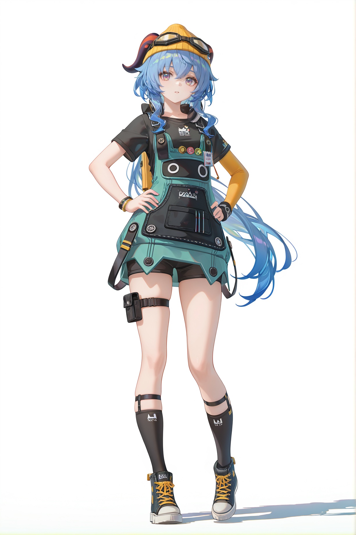 8k,best quality,masterpiece,(ultra-detailed),(high detailed skin),((artist:reoen),(artist:fuzichoco),(artist:atdan),(artist:torino_aqua),year 2024:0.8)1girl,[artist:wlop],[artist:ningen_mame],artist:ciloranko,[[artist:rhasta]],artist:tidsean,colorful,jijia,2d,ambient light,full body,full shot,standing,looking at viewer,(solo:1.2),simple background,(white background:1.2),hand on own hip,(white background:1.1),ganyu \(genshin impact\), <lora:Susie-ill-Tanger-000014:0.8>,clothes: Susiedef casual outfit, cyan overall dress, goggles, yellow hat, short sleeves, shoes, black socks