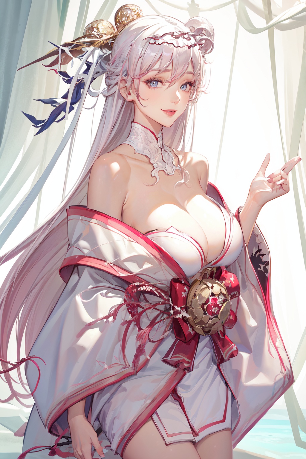 (|masterpiece)), (((best quality))), ((ultra-detailed)), (highly detailed), extremely detail description, ultra-fine painting, ((illustration)), professional, vivid colors, highres, sharp focus, cowboy shot, front view, straight-on, fcPortrait, nsfwEM, 1girl, solo, mature female, milf, slut, looking at viewer, smile, seductive smile, sexy pose, Long hair, pink hair, blue eyes, cleavage, wide sleeves,Pink clothes,beautiful detailed eyes, lips, makeup, bare shoulders, collarbone, breasts, cleavage, sagging breasts, huge breasts, large breasts, long breasts, big breasts, japanese clothes, kimono, wide sleeves, ribbon, obi, obijime,perfect female body, neat figure, hourglass body shape, slender waist, narrow waist, wide hips<lora:EMS-93-EMS:0.500000>, <lora:EMS-339596-EMS:0.800000>