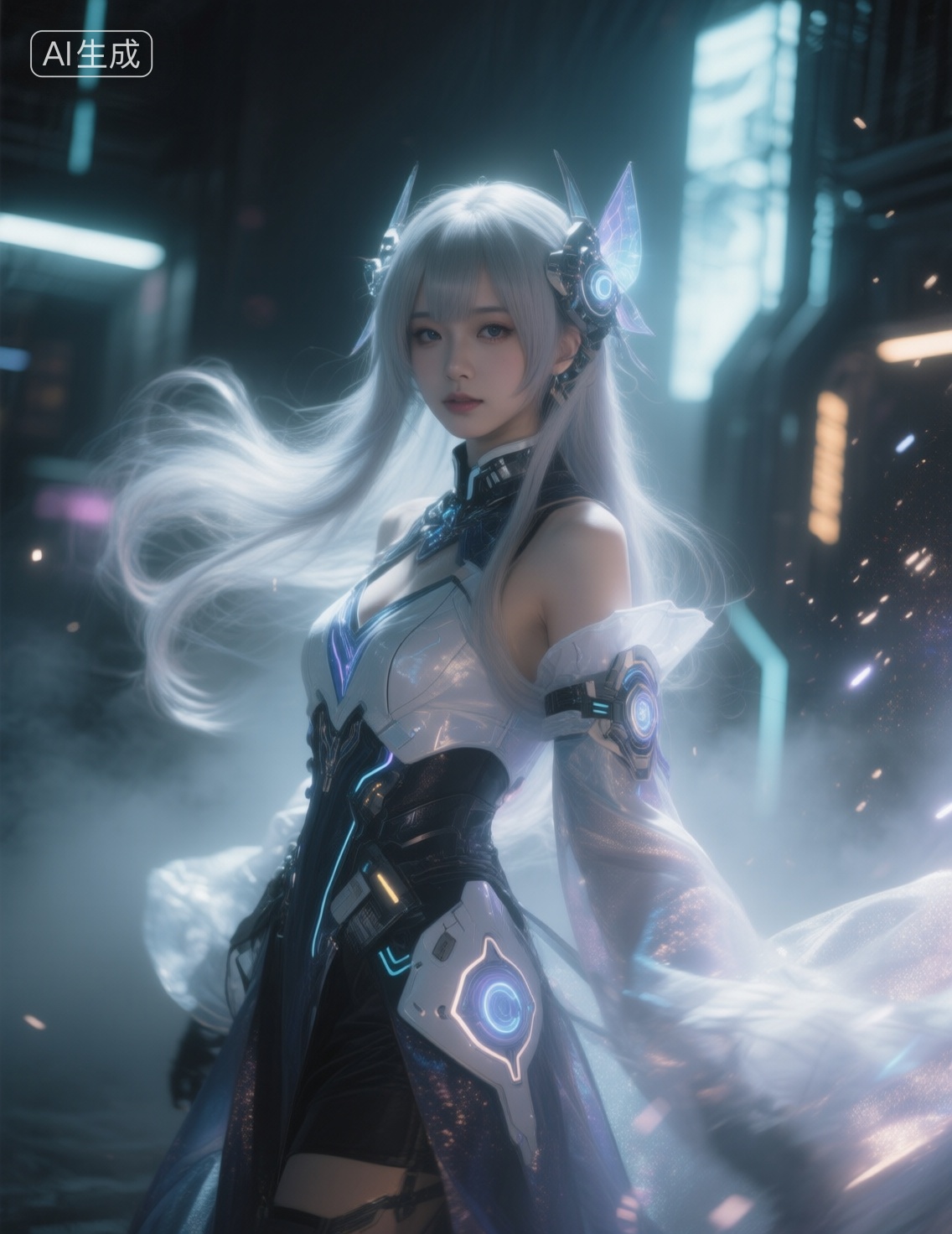 cosplay,zh,jp,sy,这幅图像展示了一个高度风格化和动态的Cosplay或数字艺术作品,描绘了一个在充满未来感和赛博朋克风格背景下的角色,该角色穿着一套结合了幻想与高科技设计元素的精致服装,电影感,极致细节,丰富光线,超细腻线条,大师级构图,神秘诡异氛围,dreamlike,人像摄影,光影动态,highres,自然光线,柔和色调,超清细节,质感人像,做旧效果,底饱和,画面有辉光,耀光,雾感,奇幻感深,质感好,对焦模糊,胶片摄影,淡彩,调性,暗调微光,清冷,通透,氛围低光,高反差,对焦模糊,个性视角,双重曝光,抓拍概念,大场景,秀发自然飘垂显肌理发丝光,既视感,现场感,情境氛围感拉满,暗朦,overexposure,高噪点,强烈的胶片颗粒质感,奇妙写意,光的美学,概念艺术,lomo效果,高级感,杰作,光粒子元素,, Negative prompt: ng_deepnegative_v1_75t,(badhandv4:1.2),EasyNegative,(worst quality:2),,nsfw, Steps: 40, Sampler: Euler, CFG scale: 4.0, Seed: 1007586892, Size: 1140x1472, Model hash: 98763a1277, Model: Qwen-Image_1.0.safetensors, Denoising strength: 0, RNG: CPU, Lora 1: 20251122-1763794867058-0001, Lora Hash 1: 0566c82ecb, Lora Weight 1: 0.6, Lora 2: 星美通义千问_亚洲人像摄影, Lora Hash 2: 62d8c8ddd6, Lora Weight 2: 0.1, Lora 3: Qwen_昭和美人复古摄影, Lora Hash 3: 7252b4b796, Lora Weight 3: 0.1, Lora 4: 星美Qwen_超现实氛围感人像摄影, Lora Hash 4: 94cce42ff9, Lora Weight 4: 0.1, vae_name: automatic