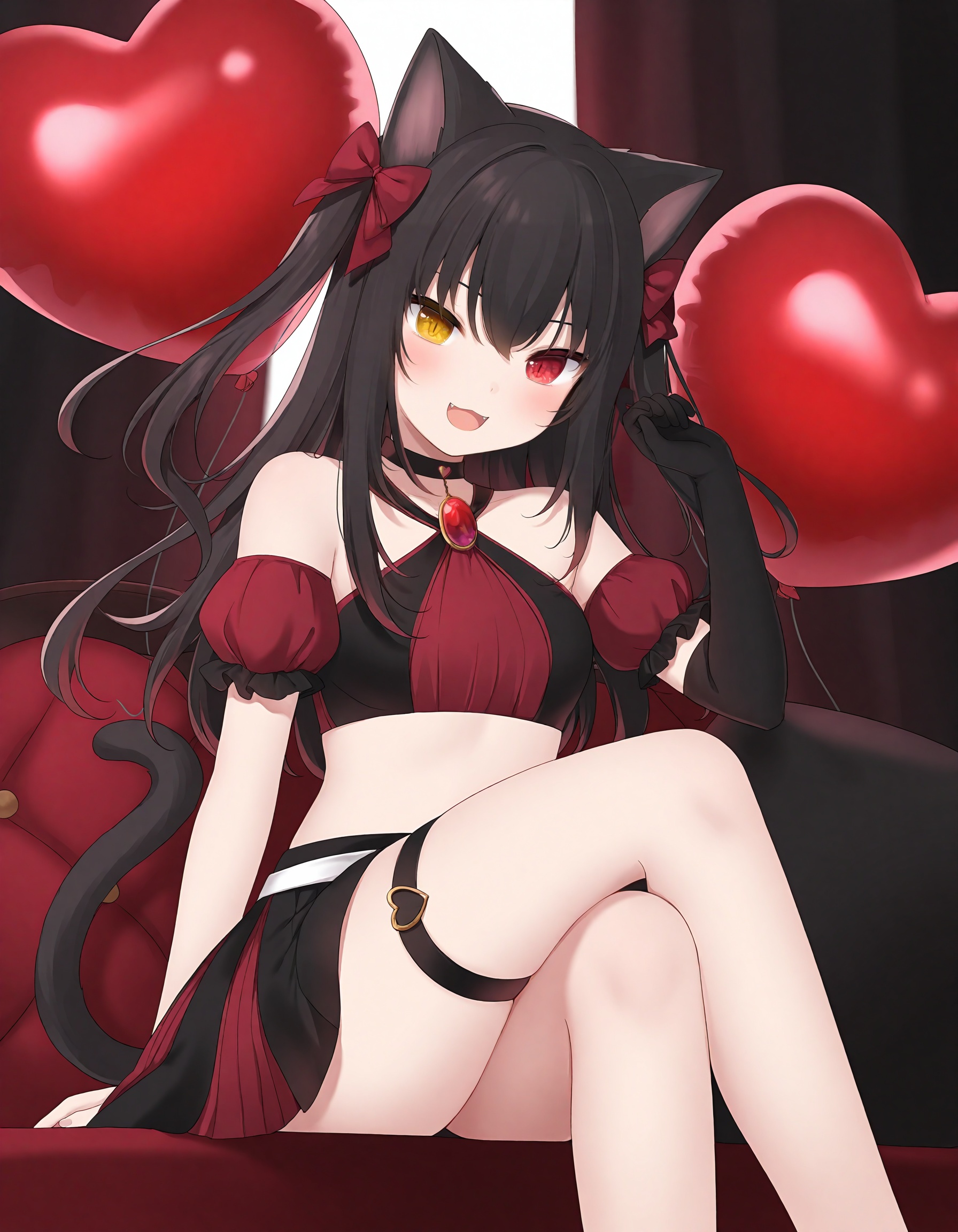 slit_pupils,amashiro_natsuki, CHARACTERS-Matsuri, 1girl, animal_ears, solo, choker, heterochromia, black_choker, gloves, skirt, cat_ears, bare_shoulders, long_hair, black_gloves, crop_top, red_eyes, hair_bow, thigh_strap, sitting, black_hair, heart_balloon, crossed_legs, yellow_eyes, bow, halterneck, looking_at_viewer, black_skirt, smile, hand_up, elbow_gloves, midriff, detached_sleeves, thighs, cat_girl, open_mouth, tail, short_sleeves, :d, miniskirt, cat_tail, balloon, shirt, puffy_sleeves, feet_out_of_frame, breasts, small_breasts, puffy_short_sleeves, criss-cross_halter, red_shirt, fangs, stomach, brooch, virtual_youtuber, asymmetrical_gloves, single_glove, two_side_up,masterpiece, best quality, newest, highres, absurdres, newest,