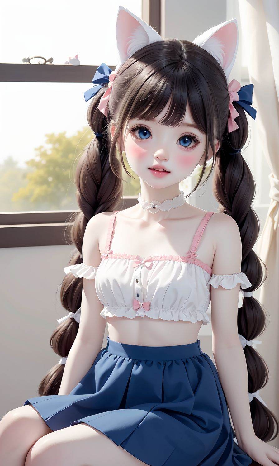 (Masterpiece:1.2), (best quality:1.2), (ultra high resolution:1.2), girl, animal ears, long hair, solo, sitting, braid, looking at viewer, twin braids, blue hair, bow, skirt, blue skirt, blue eyes, fake animal ears, window, cat ears, twintails, hair ornament, very long hair, parted lips, bangs, indoors, hair bow, white bra, white bow, curtains, frills, rabbit ears, bra, underwear, choker, blush, pale skin, white choker, teeth, lips, collarbone, knees up , <lora:doll:0.5>