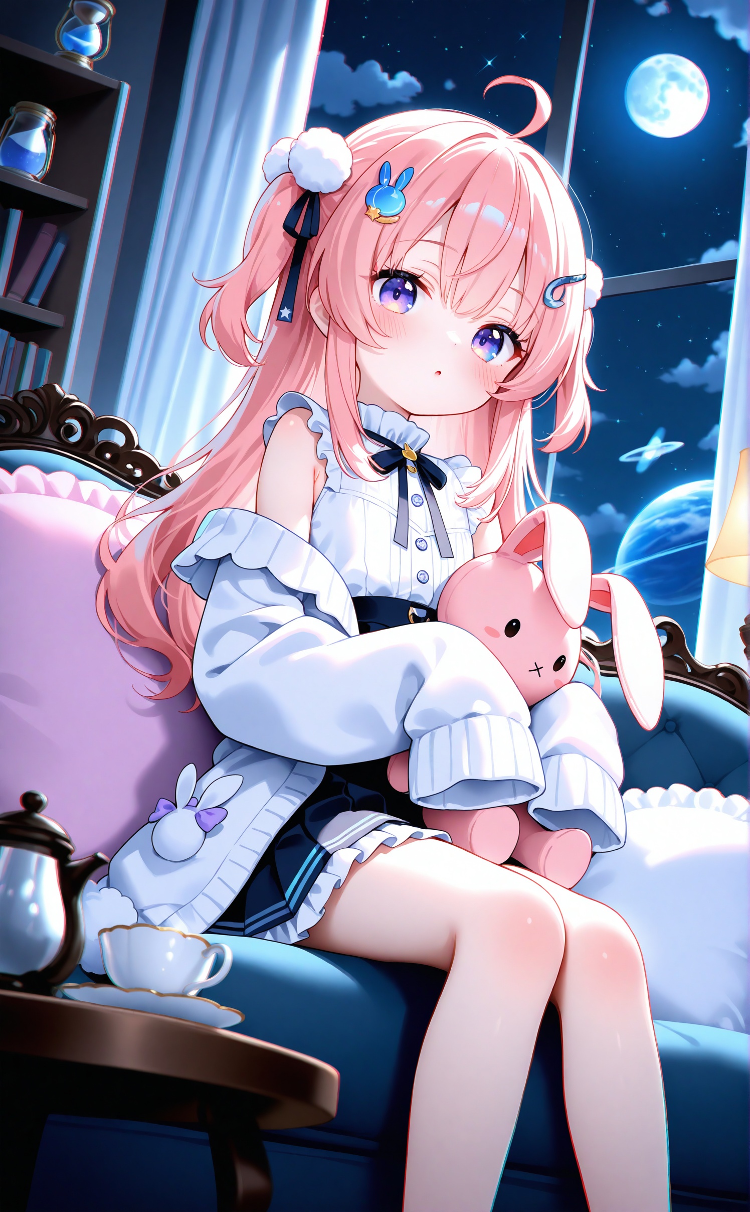 masterpiece,very aware,highres,absurdres,newest,best quality,loli,petite,high quality,chromatic_aberration,cinematic_angle,dutch angle,//,1girl,moon,animal ears,solo,window,star (symbol),full moon,sleeves past wrists,couch,stuffed toy,pink hair,star (sky),looking at viewer,long hair,rabbit ears,sky,skirt,sleeves past fingers,sitting,hair ornament,rabbit,night,jar,stuffed animal,curtains,ahoge,teapot,on couch,indoors,night sky,long sleeves,jacket,feet out of frame,purple eyes,cushion,cup,starry sky,book,cloud,blue eyes,:o,holding,teacup,stuffed rabbit,frills,frilled skirt,bookshelf,open mouth,table,pom pom hair ornament,hourglass,off shoulder,black skirt,pillow,holding stuffed toy,virtual youtuber,shirt,blush,pom pom (clothes),planet,parted lips,pleated skirt,dress,white jacket,jewelry,rabbit girl,twintails,lamp,rabbit hair ornament,ufo,sidelocks,two side up,white shirt,ribbon,