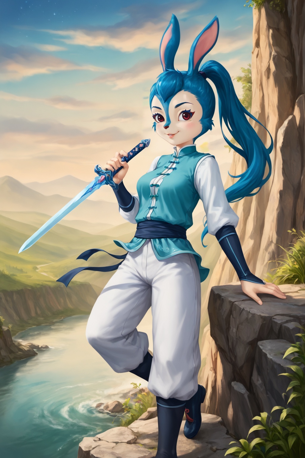 safe_pos,score_9,score_8_up,score_7_up,Lantu,solo,animal ears,furry,1girl,rabbit ears,blue hair,rabbit girl,smile,furry female,medium breasts,chinese clothes,narrow waist,long legs,pants,holding,sword,ponytail,looking at viewer,cowboy shot,nice hands,<lora:pony虹猫蓝兔七侠传-蓝兔:1>,(highres, high quality:1.3),intricate details,sharp focus,depth of field,outdoors,on water,outdoors,cliff,plateau,grand_canyon,sunset,floating and rainbow long hair,Iridescence and rainbow,beautiful detailed starry sky,dynamic pose,dynamic angle,<lora:add-detail-xl:0.5>,mature female,curvy,shiny skin,oiled skin,Expressiveh,