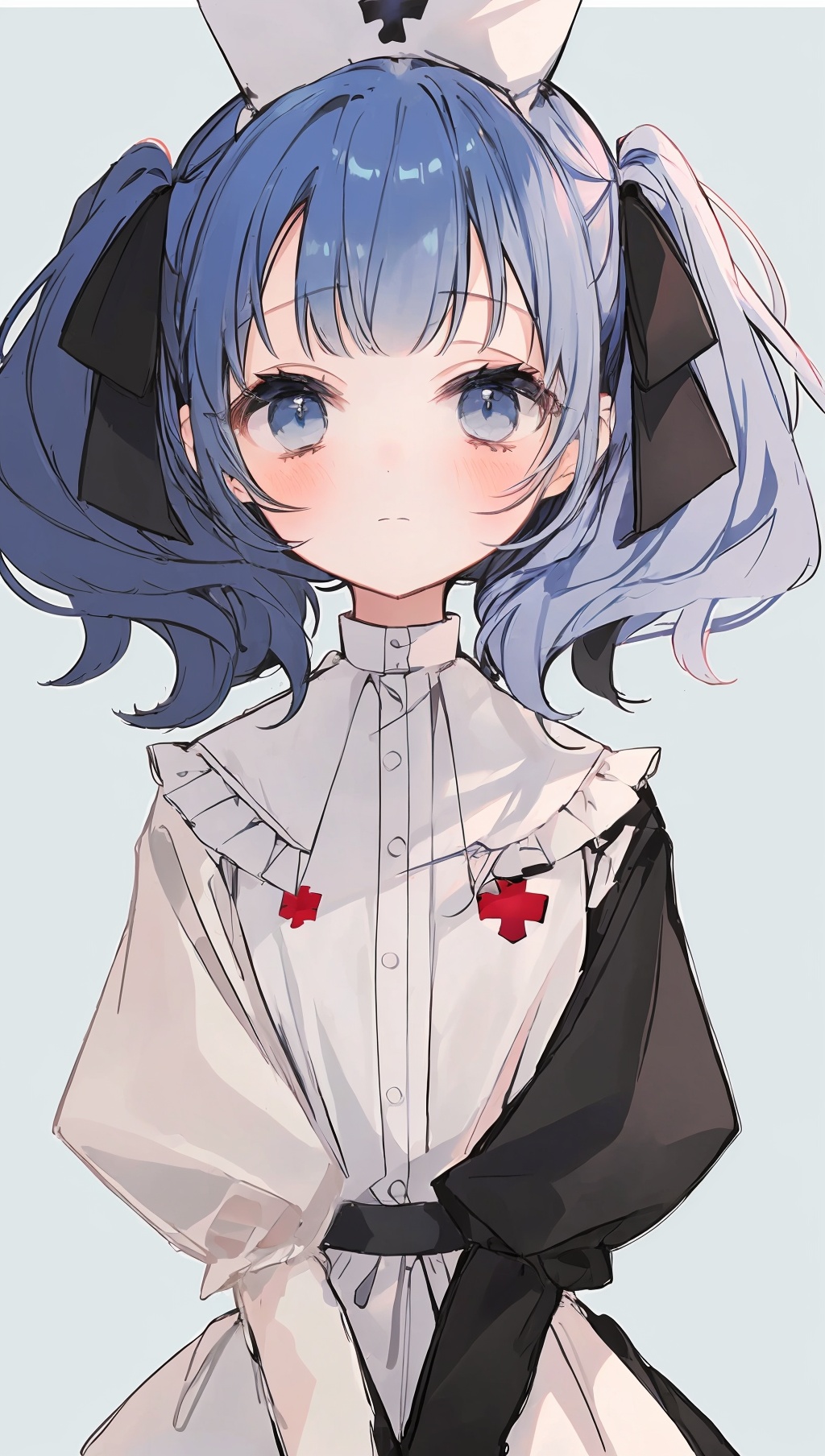 1girl,solo,nurse cap,hat,twintails,blue eyes,blue hair,blush,upper body,grey background,looking at viewer,closed mouth,bangs,puffy sleeves,dress,simple background,nurse,hair ribbon,ribbon,frills,white headwear,black dress,