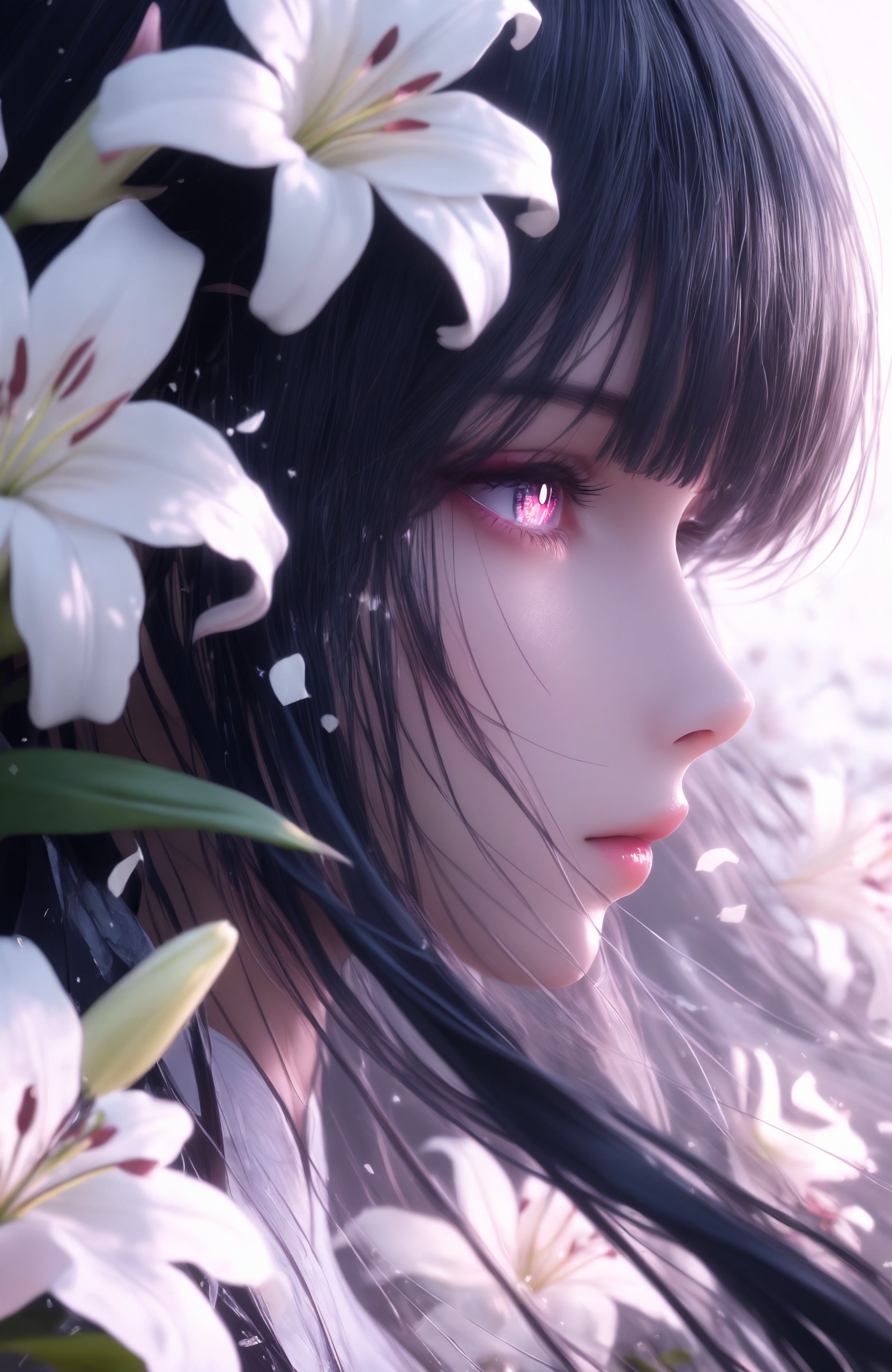 masterpiece, very aesthetic, best quality, newest, absurdres, highres, frantile, cinematic feeling, 1girl, pink eyes, black hair, hime cut, long hair, medium breasts, portrait, profile, (close-up:1.5), eye focus, bright pupils, hair flowing over, wind, lily \(flower\), too many flowers, white flower, 