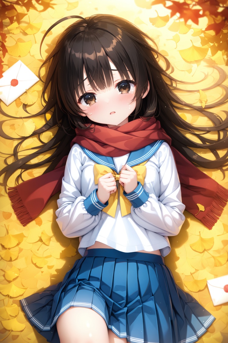 (masterpiece),(best quality),illustration,ultra detailed,hdr,Depth of field,(colorful),loli,1girl,solo,school uniform,skirt,scarf,lying,serafuku,on back,long sleeves,autumn,blue skirt,looking at viewer,sailor collar,bow,brown eyes,long hair,tears,autumn leaves,bangs,blue sailor collar,shirt,parted lips,pleated skirt,white shirt,envelope,ahoge,blurry,red scarf,black hair,crying,leaf,letter,crying with eyes open,yellow bow,outdoors,brown hair,bowtie,ginkgo leaf,from above,tearing up,blush,