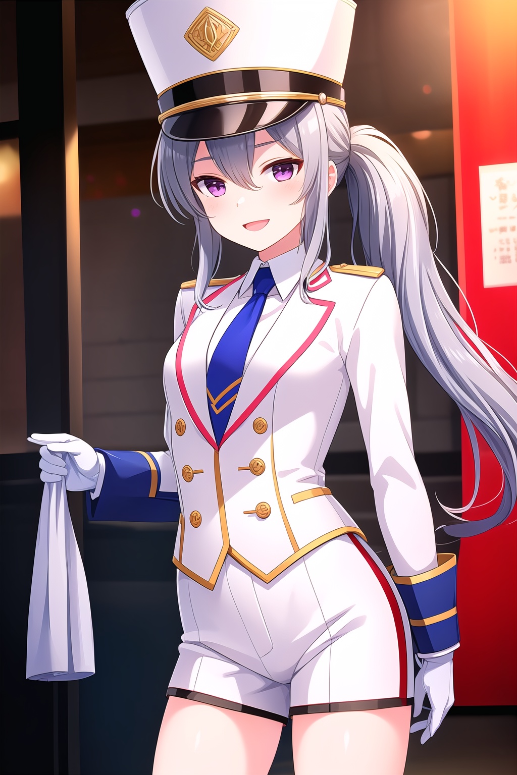 (masterpiece, best quality), highly detailed background, perfect lightingbest quality, shigetoakiho, solo, outdoors, shako cap, white headwear, grey hair, low ponytail, hair between eyes, very long hair, purple eyes, small breasts, white jacket, blue necktie, aiguillette, long sleeves, white gloves, white shorts, short shorts, band uniform, smile, open mouth, :d, pink lips, <lora:Shigeto-Akiho:0.7>