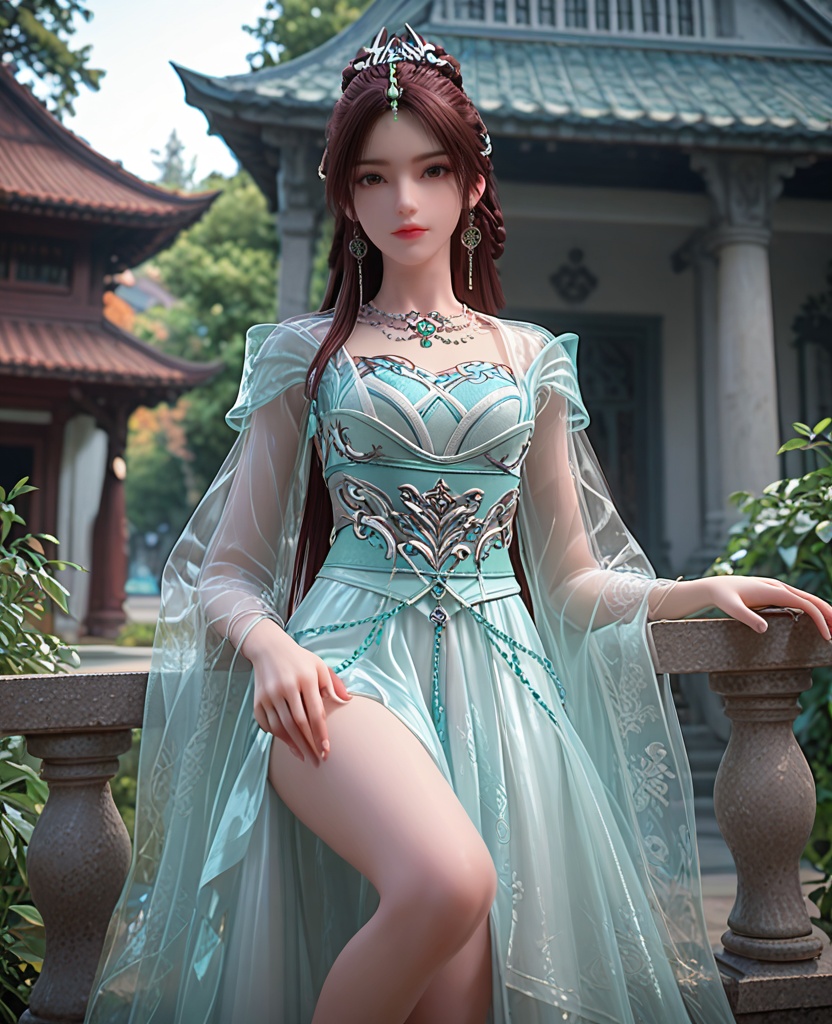 (oriental architecture, elegant decor, sophisticated style:1.1),one knee,(breasts:1.2),<lora:XL完美世界叶倾仙:0.9>,miss yeqingxian,solo,see-through vest,green  corset,sash,see-through sleeves,see-through outerskirt with white petticoat underneath,brown eyes,brown hair,long hair,hair ornament,half updo,hanging hair,necklace,earrings,jewelry,, zPDXL2, score_9, score_8_up, score_7_up BREAK realistic, masterpiece,best quality, highly detailed,, zPDXL3, zPDXL2,zPDXL, zPDXLxxx, zPDXLrl,