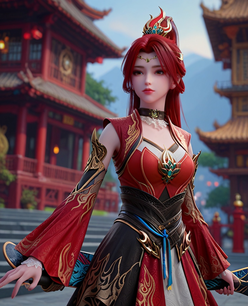 (oriental architecture, elegant decor, sophisticated style:1.1),(skateboarding moves:1.1),looking at viewer,(breasts:1.2),<lora:XL斗破苍穹唐火儿:0.95>,miss tanghuoer,red dress,brown eyes,red hair,ponytail,hair ornament,long hair,choker,asymmetrical sleeves,sash,skirt,, score_9,score_8_up,score_7_up,score_6_up,score_5_up,score_4_up,3d rendering,tag1,tag2, Cinematic Lighting,backlighting,, zPDXL3, zPDXL2,zPDXL, zPDXLxxx, zPDXLrl,