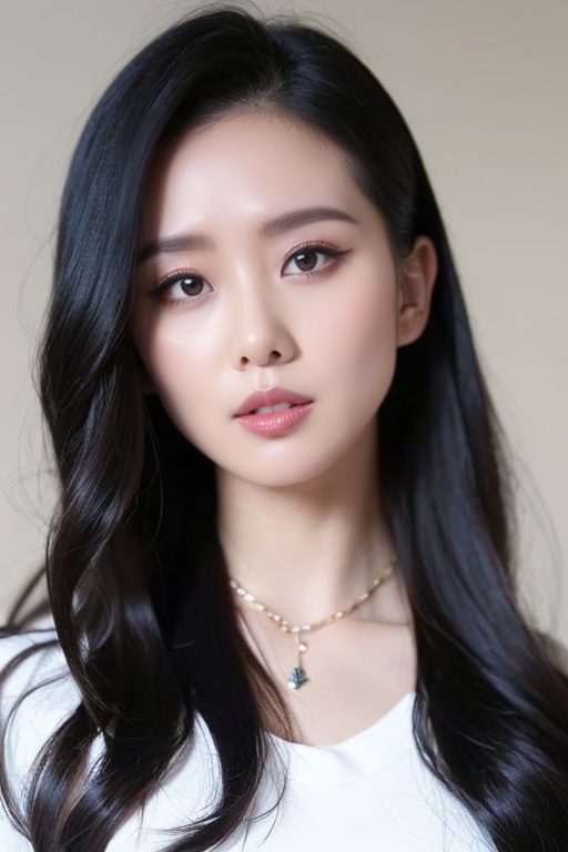 ((masterpiece)),((best quality)),1girl,black hair,blurry,jewelry,lips,long hair,looking at viewer,makeup,necklace,portrait,realistic,shirt,simple background,solo,white shir,,looking_at_viewer,looking_at_screen,<lora:liushishi:1>