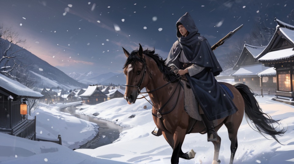 (best quality), ((masterpiece)), (highres), illustration, original, extremely detailed,   <lora:ACG ART3_XL:0.7>snow, riding, outdoors, lantern, horse, scenery, weapon, horseback riding, sword, snowing, hood, solo, weapon on back, hooded cloak, cloak, from behind, hood up, 1boy, 1other