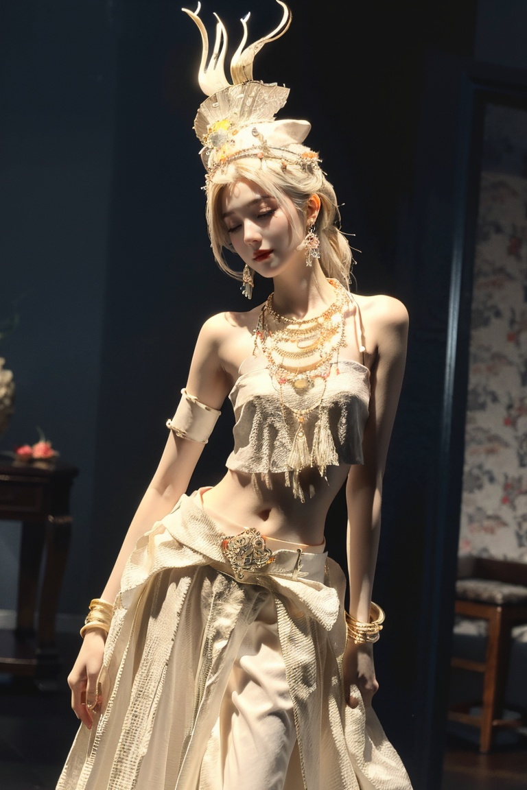 (masterpiece, top quality, best quality, official art, beautiful and aesthetic:1.2), cinematic light, Dynamic Angle, cinematic angle,Perspective, High Point, high resolution,unity 8k wallpaper, highest detailed,wonder,outline,intricate details,((wallpaper)),dehuabaici,1girl,closed eyes,jewelry,skin made of porcelain,solo, dress, miaoyuansu, hair ornament, headgear, hat, earrings, jewelry, bracelet, necklace, upper body, bare shoulders, looking at viewer, dancing, belt,backlighting,  from below, wide shot,soft, <lora:miaoyuansu-000009:0.5> <lora:dehuabaici-000010:0.95>