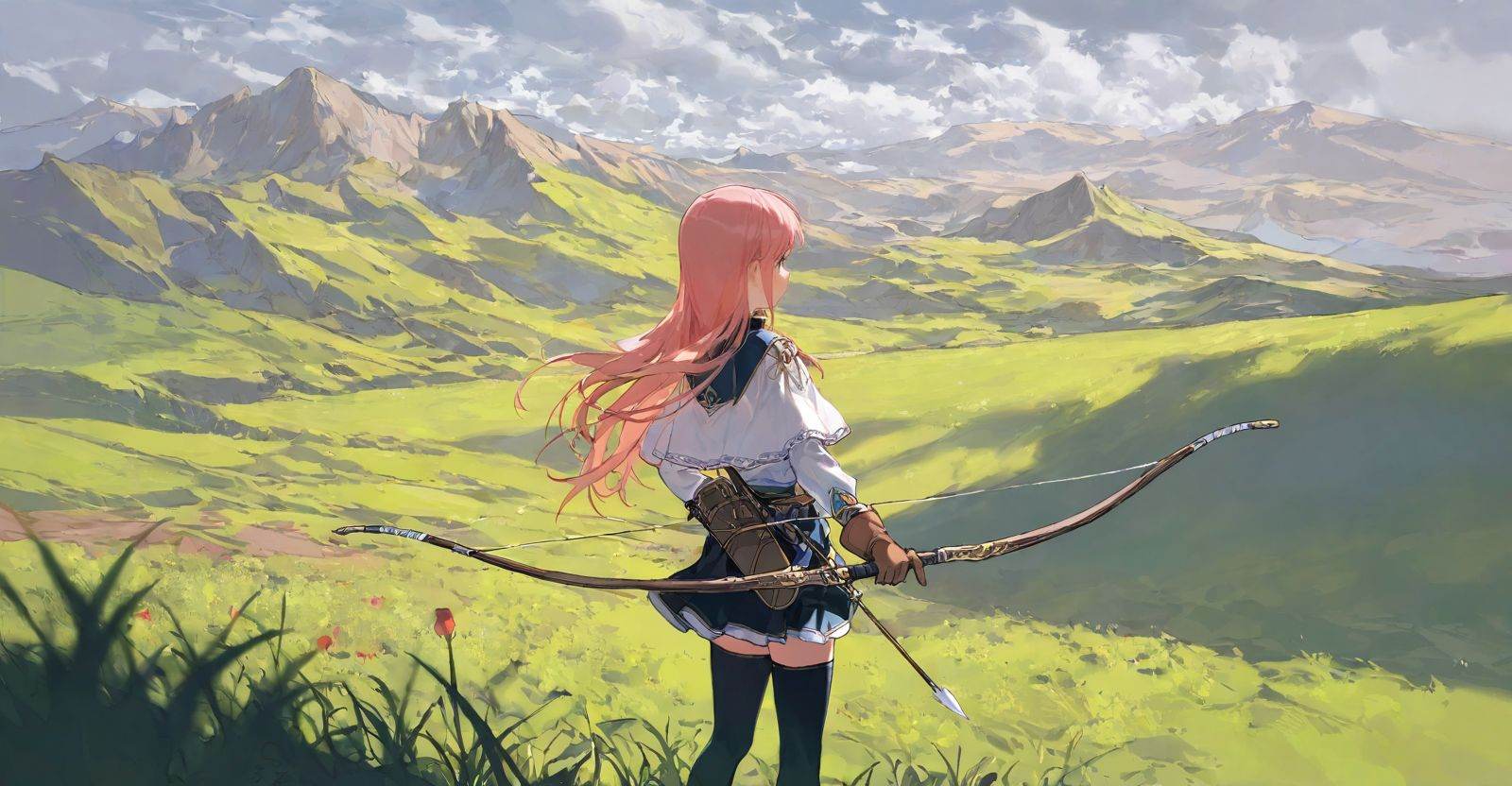 highres,extremely detailed 8k wallpaper,illustration,depth of field,great quality,masterpiece,best quality,amazing quality,very aesthetic,absurdres,Japanese fantasy style,artist:ciloranko BREAK<lora:Japanese fantasy style:0.8>, -1girl, bow (weapon), weapon, solo, thighhighs, outdoors, skirt, long hair, pink hair, gloves, holding, mountain, scenery, cloud, arrow (projectile), capelet, holding weapon, black thighhighs, sky, zettai ryouiki, holding bow (weapon), black skirt, cloudy sky, standing, grass, long sleeves, day, quiver, landscape, brown gloves