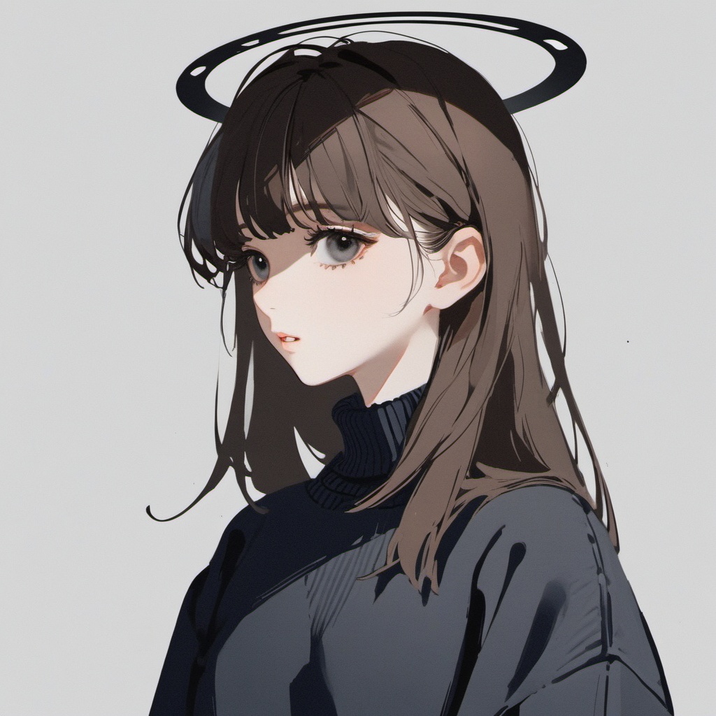 ciloranko, wlop,1girl, solo, halo, simple background, long hair, sweater, looking at viewer, black hair, upper body, grey eyes, long sleeves, turtleneck, bangs, english text, brown hair, jacket, parted lips, expressionless, black eyes, shirt, shadow, brown eyes,best quality, amazing quality, very aesthetic, absurdres