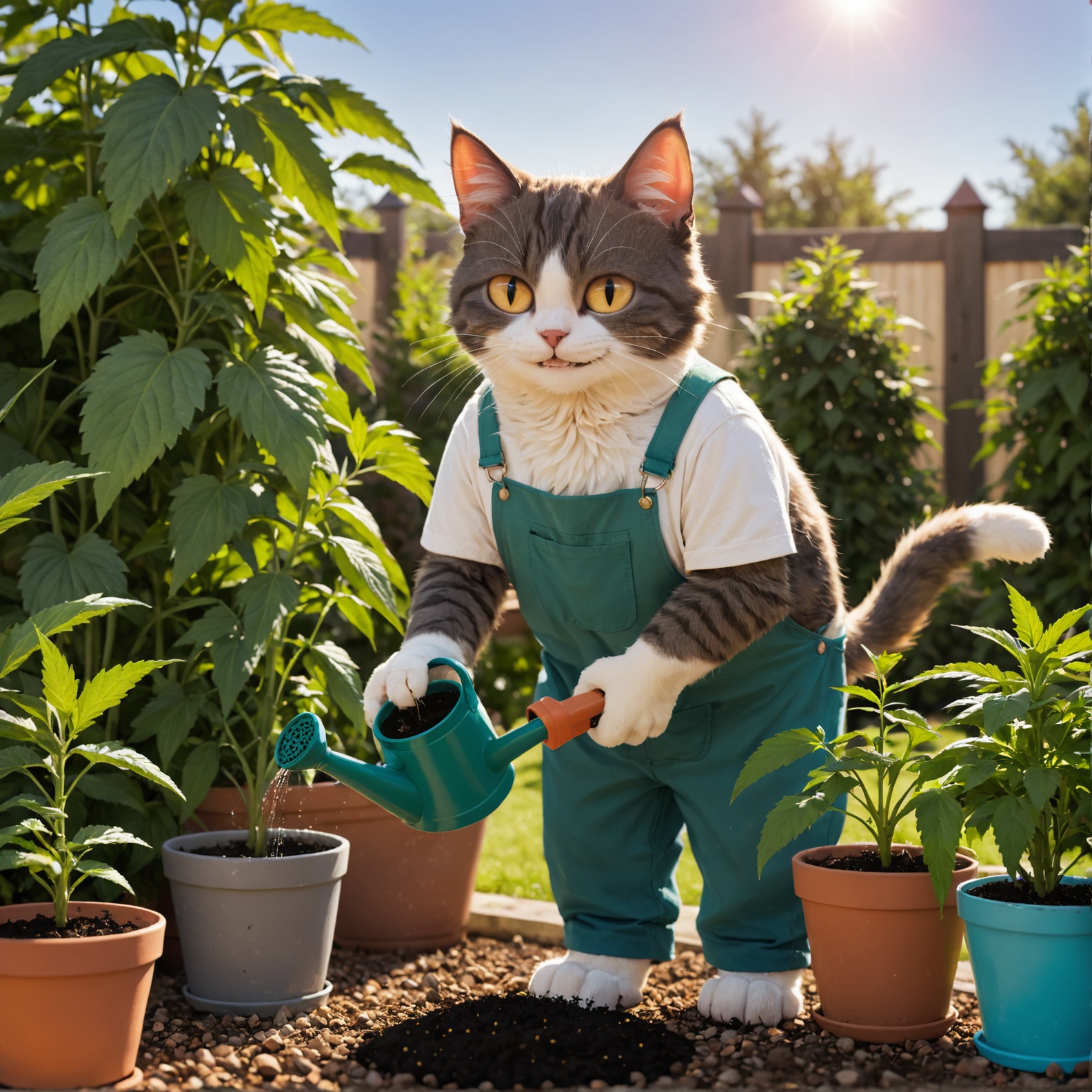 detailed cute cat gardener,  watering his ******** plant in a sunny garden,  smiling on Tensor.Art