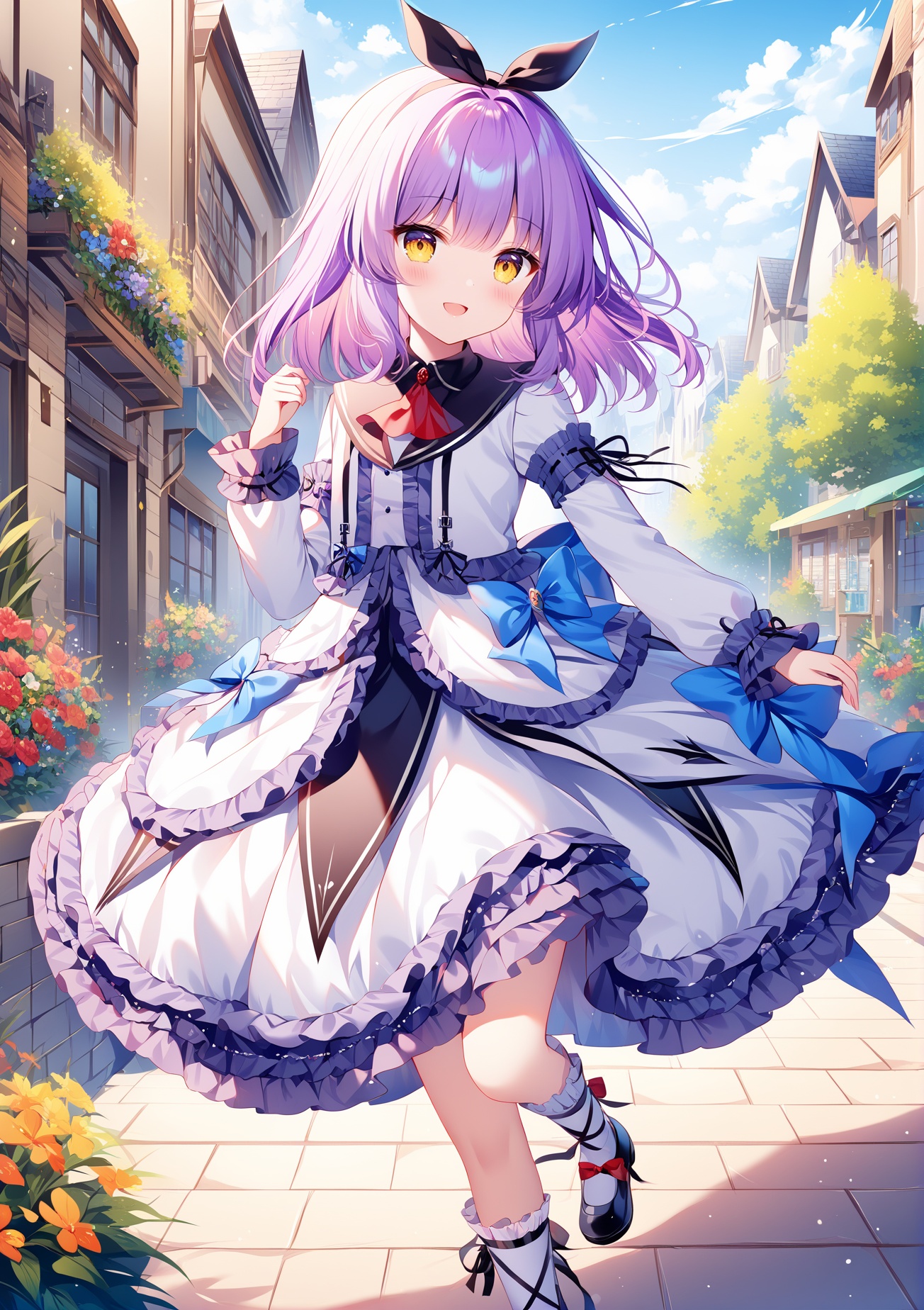 (masterpiece), (best quality), illustration, ultra detailed, hdr, Depth of field, (colorful),[rimuu:0.6, sheya:0.5,haneru,]Renne(lo), frilled dress,lo shoes,frilled socks,leg ribbon, frills,red ascot,blue bow,white dress,1girl,purple hair,short straight hair,hair ribbon,yellow eyes,smile,street,  garden,standing,standing on one leg, <lora:RenneloXLAni3:1>