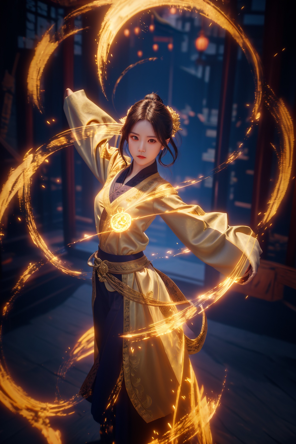 golden-aura,using golden-magic,golden-magic,ancient-costume,dancing,fighting stance,1girl,solo,<lora:magic_fighting_golden_512_15:0.8>,