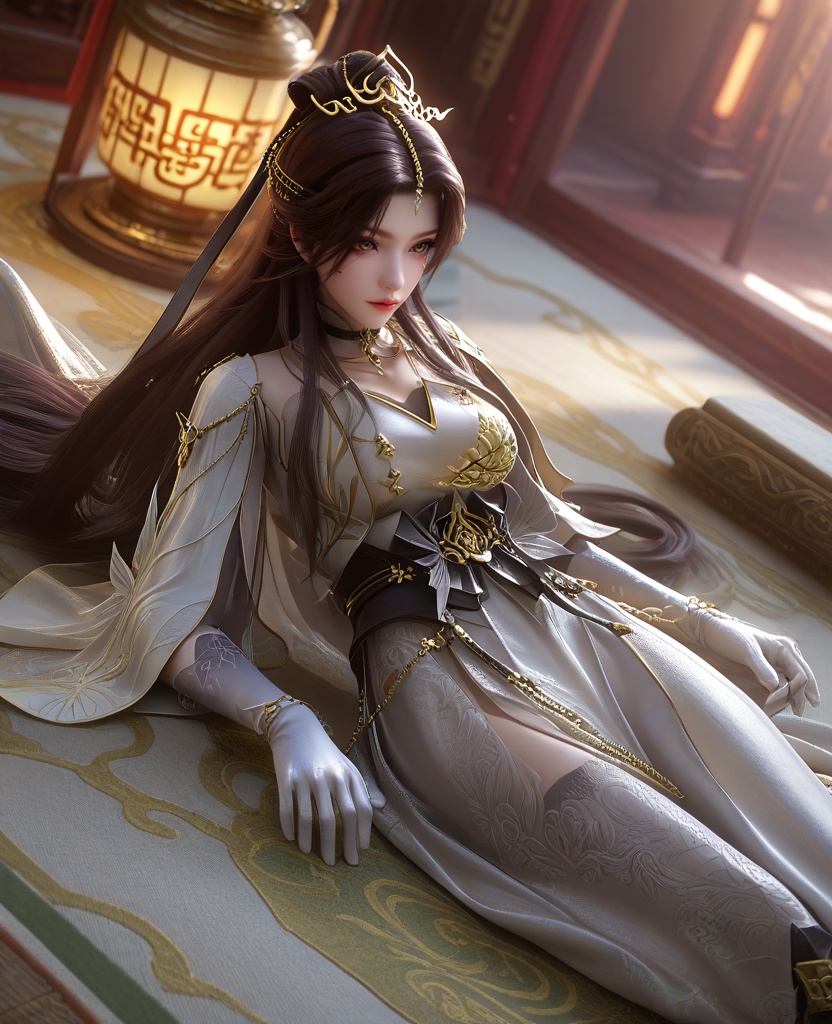 (oriental architecture, elegant decor, sophisticated style:1.1),(Lying back on her elbows, a leg casually draped over the other, eyes locked onto an unseen lover across the room, she channels raw desire and tantalizing allure:1.1),(telephoto shot:1.1),(large breasts:1.2),<lora:XL16云深不知梦羲和白色战斗服:0.95>,miss xihe,silvery white tiered dress,shawl,yellow eyes,facial mark,black hair,absurdly long hair,traditional chinese updo with long front strands,hair ornament,jewelry,sash,gloves,tights with attached boots,, score_9,score_8_up,score_7_up,score_6_up,score_5_up,score_4_up,3d rendering,tag1,tag2, Cinematic Lighting,backlighting,