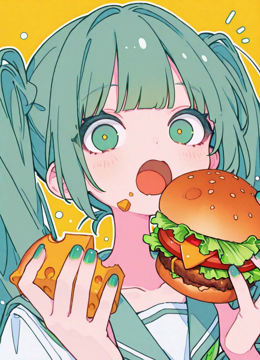 1girl,  hatsune miku,  holding burger on Tensor.Art