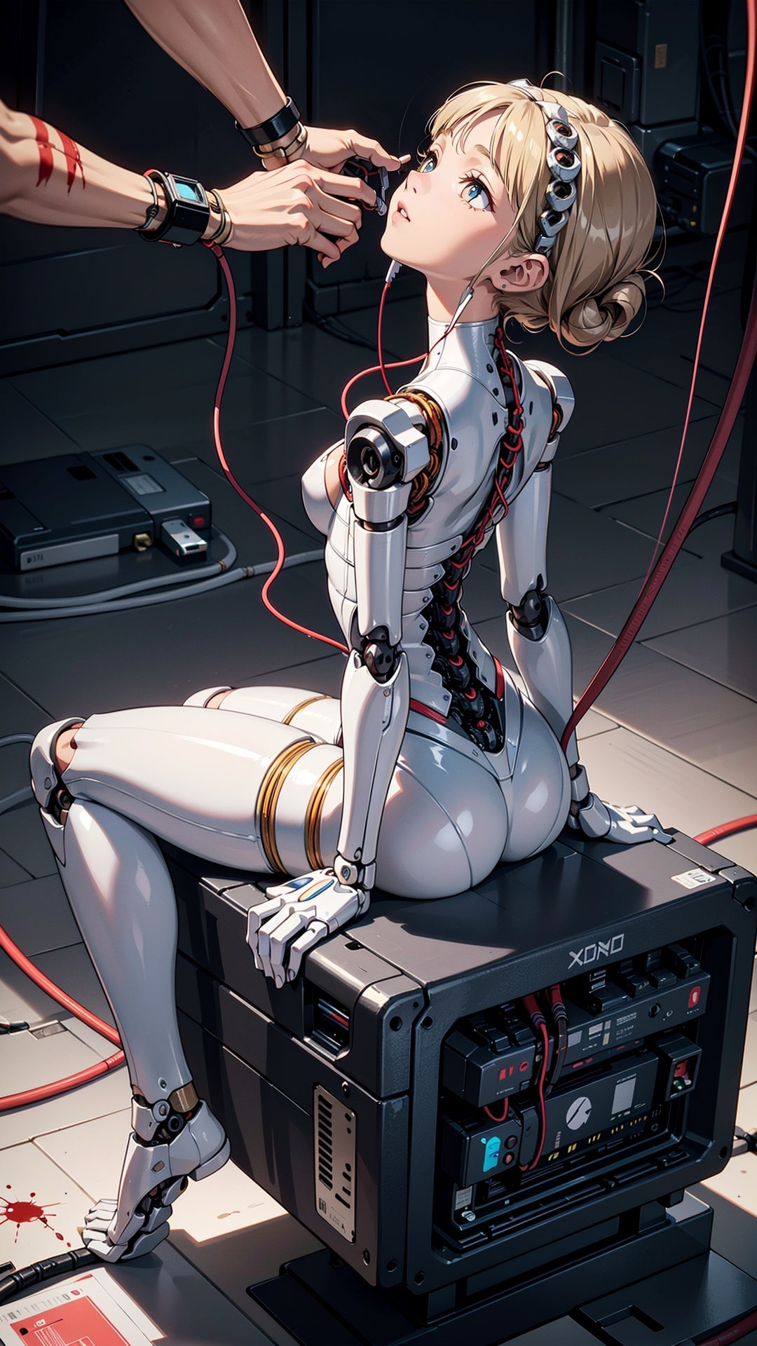 (((masterpiece))),(((best quality))),((ultra-detailed)),(highly detailed CG illustration),((an extremely delicate and beautiful)),(cute delicate face),cinematic light,((1mechanical girl)),solo,full body,(machine made joints:1.4),((machanical limbs)),(blood vessels connected to tubes),((mechanical vertebra attaching to back)),((mechanical cervial attaching to neck)),((sitting)),expressionless,(wires and cables attaching to head and body:1.5),(character focus),science fiction,