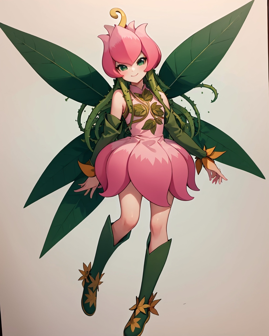 masterpiece,best quality, highly detailed, lilimon,1girl, solo, smile, wings, green footwear, boots, digimon (creature), full body, pink dress, traditional media, leaf, vines, monster girl, closed mouth,<lora:lilimon:1>