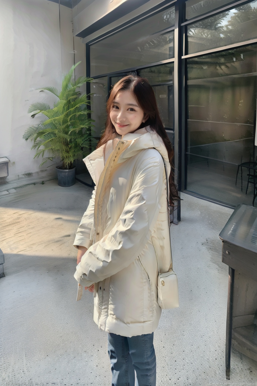 (1girl:1.3), (best quality, masterpiece, ultra high resolution),(photorealistic:1.3), (realistic:1.3), depth of field, (day:1.2), (cinematic lighting:1.2), plump,  beautiful puffer jacket, fullbody, (skinny jeans:1.2) <lora:PufferJacketWhiteZc:0.8>