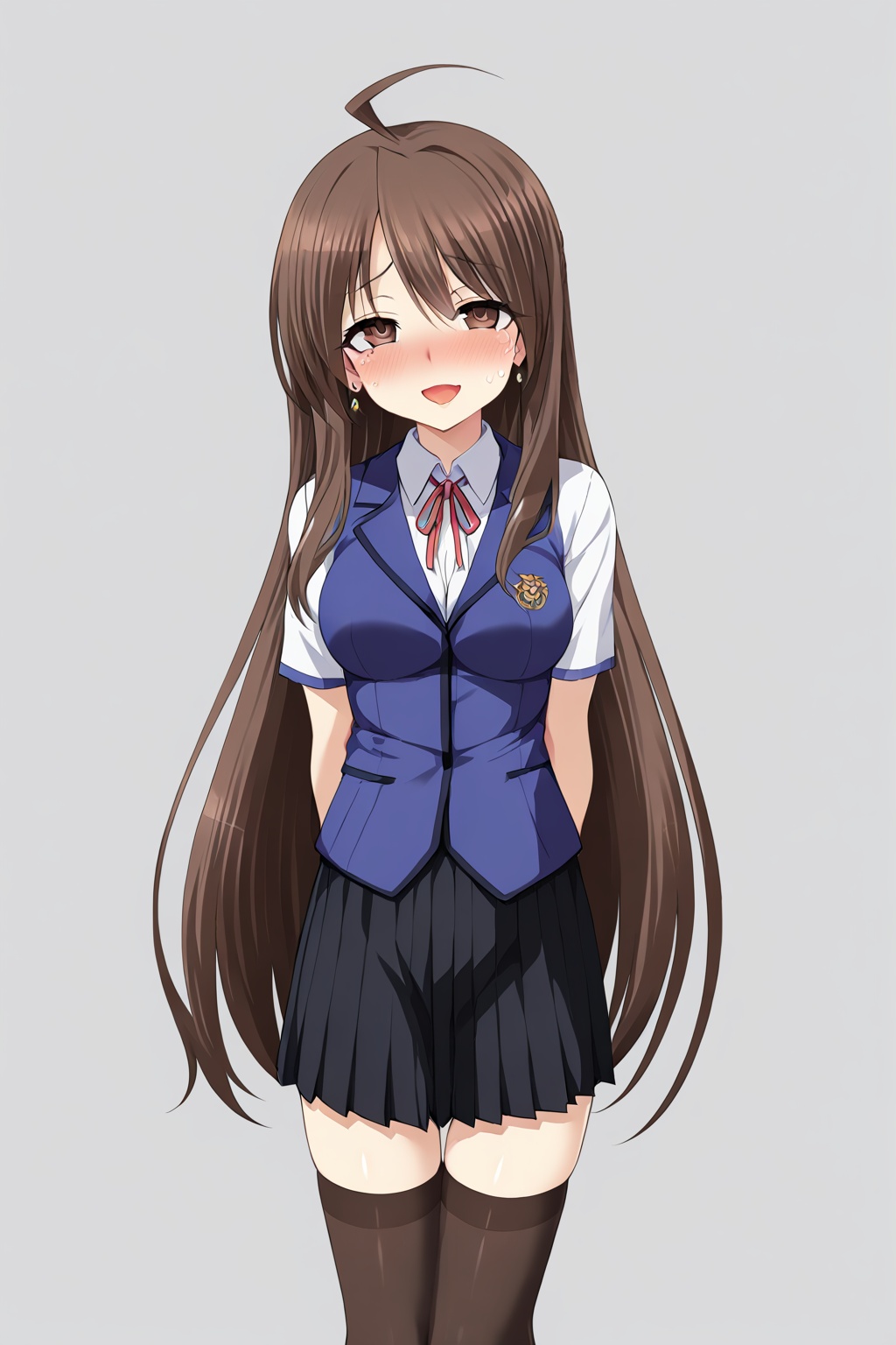 (((masterpiece))),((best quality)),1girl,long hair,thighhighs,brown hair,solo,brown eyes,blush,skirt,school uniform,zettai ryouiki,open mouth,smile,earrings,looking at viewer,breasts,arms behind back,jewelry,medium breasts,black thighhighs,white background,very long hair,simple background,<lora:Quan_XL:0.2>,<lora:add-detail-xl:1>,incredibly absurdres,<lora:wy2-000010:1>,looking_at_viewer,<lora:flat_sdxl:1>,ahegao,