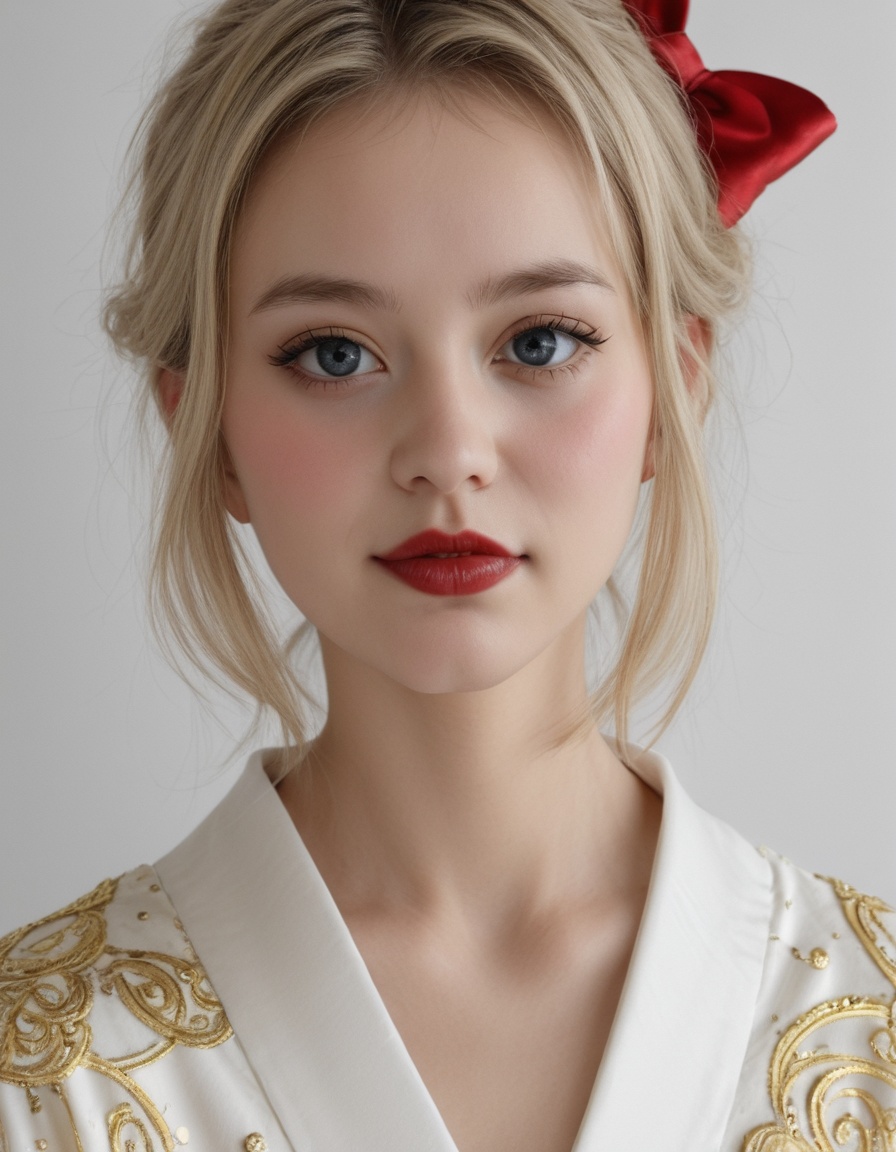 a close-up shot of a woman's faceadorned with red lipstick. Her eyes are adorned with eye lashesadding a pop of color to the scene. Her blonde hair cascades over her shouldersframing her entire face. She is adorned with a white kimono adorned with gold embroidery and a red bow at the neckline. The woman's lips are painted a vibrant shade of redwhile her hair is a richglossy white. The backdrop is a mix of white and redcreating a striking contrast to the woman's outfit.