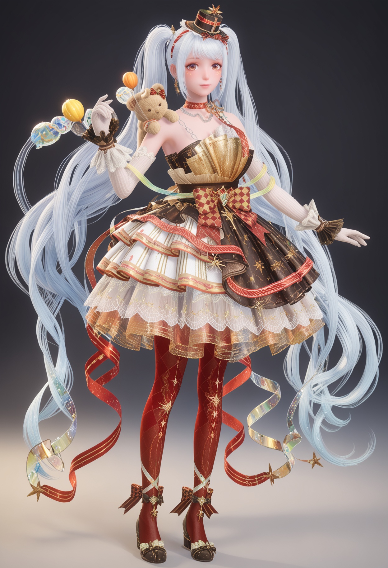 perfect_anatomy,(full body:1.2),<lora:YQponynuannuanfuzhuangV3:0.8>,q1528437228,solo,1girl,long hair,dress,white hair,twintails,hat,jewelry,very long hair,mini hat,gloves,earrings,pantyhose,stuffed animal,stuffed toy,teddy bear,brown eyes,bare shoulders,top hat,ribbon,high heels,ponytail,white gloves,choker,black footwear,blue hair,mini top hat,ankle bow,hairband,looking_at_viewer,huge breasts,fair_skin,white_skin,shiny_skin,Ivory_skin,perfect_anatomy BREAK perfect_anatomy,(score_9:1.2),(simple background,black background:1.1),