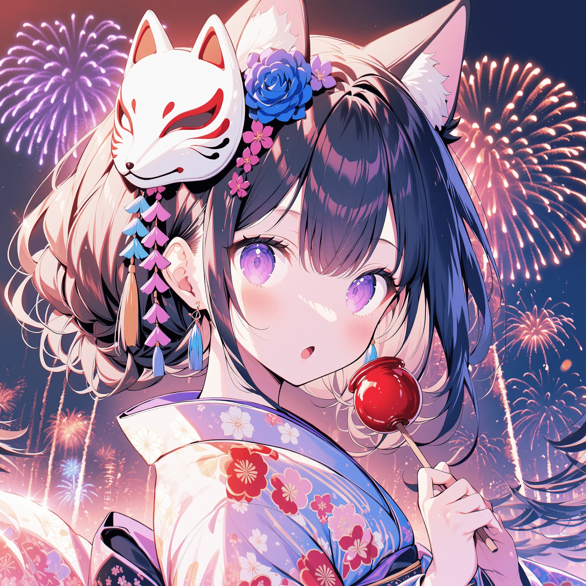 1girl,solo,food,japanese clothes,flower,hair ornament,candy apple,kimono,hair flower,looking at viewer,holding,bangs,purple eyes,mask,holding food,hair between eyes,purple flower,yukata,blue flower,portrait,open mouth,print kimono,floral print,earrings,fireworks,:o,jewelry,black hair,shiny hair,shiny,mask on head,black background,fox mask,upper body,sidelocks,O,