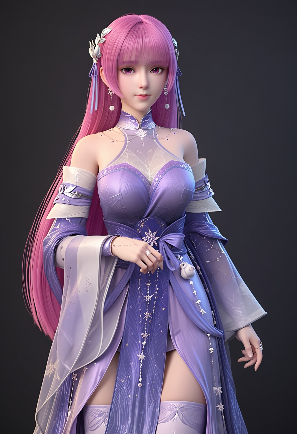 (gigantic breasts:0.6),(upper_body:1.2),(looking at viewer:1.1),facing viewer,direct gaze,<lora:YQ_pony_yeziyun_V4:0.8>,q1528437228,1girl,solo,long hair,hair ornament,jewelry,chinese clothes,dress,earrings,pink hair,purple hair,purple eyes,detached sleeves,blunt bangs,pantyhose,thighhighs,pink eyes,ribbon,wide sleeves,hair ribbon,very long hair,necklace,ring,see-through,shoes,BREAK simple background,pure black background,black background,perfect anatomy,