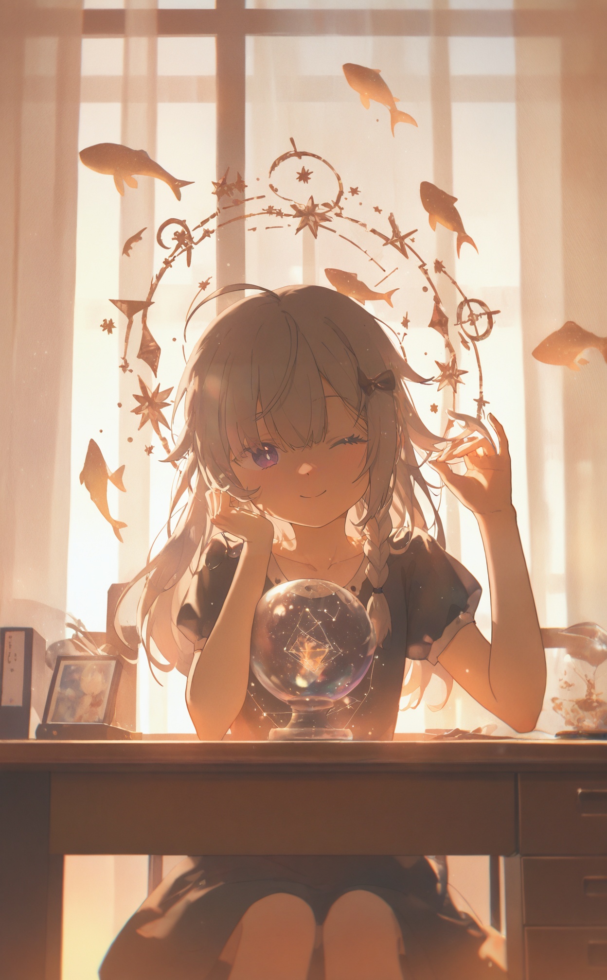 masterpiece,very aware,highres,absurdres,newest,best quality,loli,petite,high quality,chromatic_aberration,//,,illustration,ultra detailed,hdr,Depth of field,(colorful),Office,desk,office documents on desk,windows,curtains,sunlight through windows,Tyndall light,Sit behind a desk in front of the window and sleep on your tummy 1 girl,warm theme,solo,watercolor theme,gray hair,long hair,wink,dress,shut up,bust,sitting at desk with one hand supporting head,flat color,norlin art,glass ball,small fish ****,braid,wink,bust (sculpture),constellation,flat color,male focus,office,cozy animation scenes,//,<lora:konya_karasue——【noob】hans:0.8>,