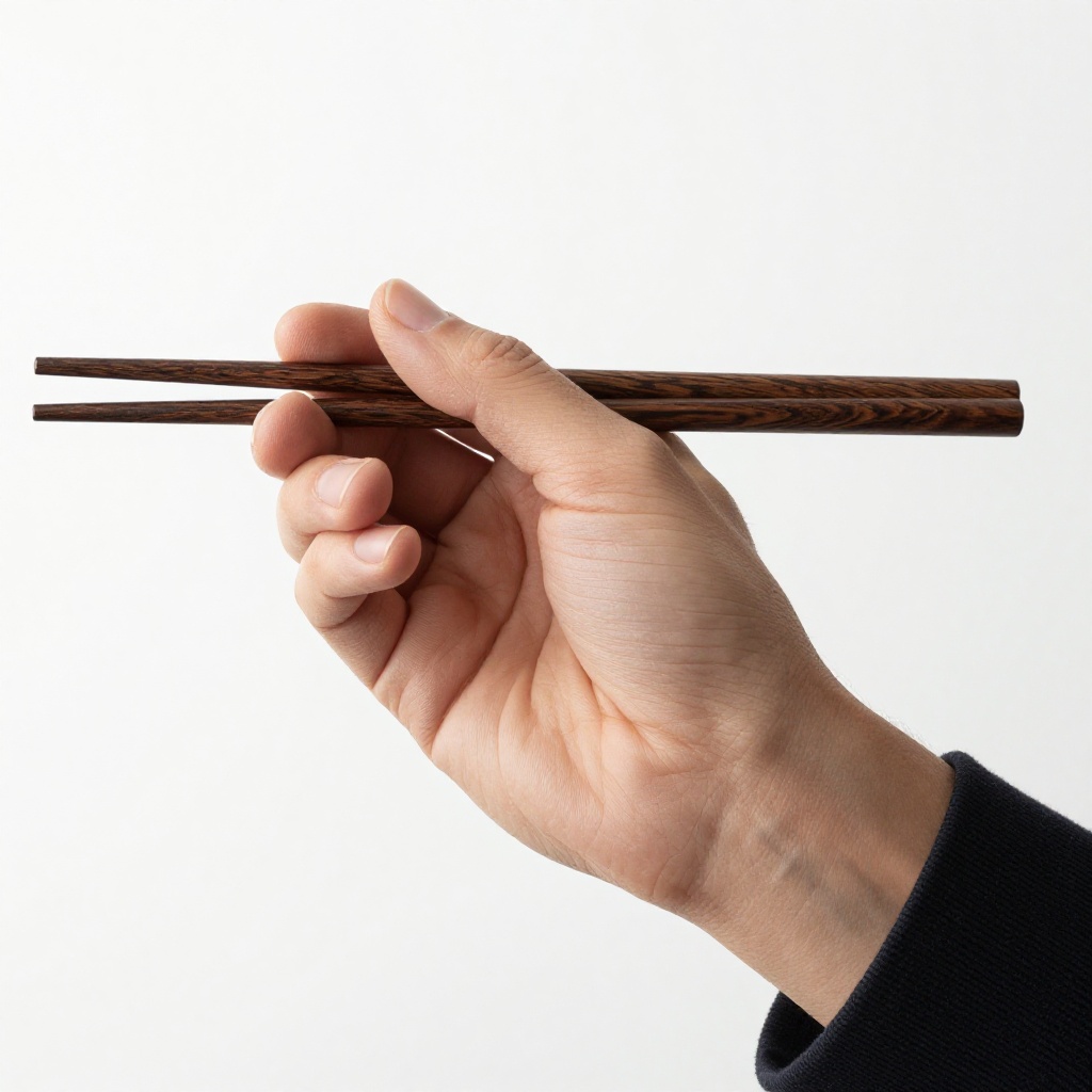 Hyperrealistic art of Sharp detailed high quality image of a person holding two chopsticks in their hand,  detailed backgr...