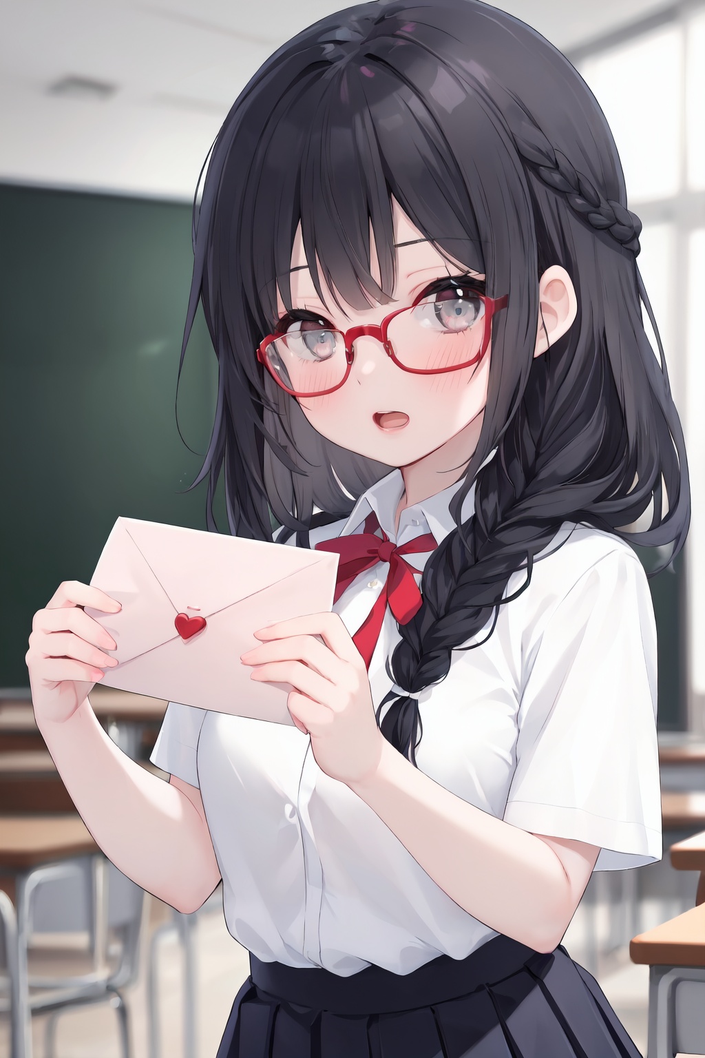 1girl, solo, glasses, shirt, open mouth, love letter, skirt, long hair, white shirt, black hair, braid, looking at viewer, ribbon, red ribbon, red-framed eyewear, heart, holding, short sleeves, blush, bangs, blood, neck ribbon, collared shirt, school uniform, black skirt, nosebleed, letter, indoors, upper body, pleated skirt, blurry, bright eyes, clear eyes, mi-style