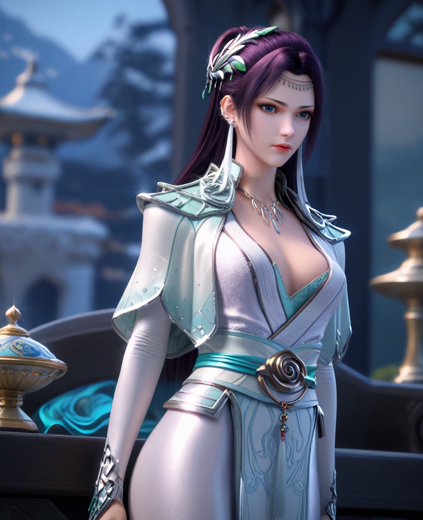 (oriental architecture, elegant decor, sophisticated style:1.1),(One hand on chin, looking thoughtful:1.1),(breasts:1.2),<lora:XL16斗破苍穹云韵:0.95>,miss yunyun,white silk mermaid dress,blue eyes,dark purple hair,half-up crown updo with long cascading hair,hair ornament,earrings,circlet,necklace,blue camisole,shoulder cape,elbow gloves,sash,pelvic curtain,spiral foot decoration,, score_9,score_8_up,score_7_up,score_6_up,score_5_up,score_4_up,3d rendering,tag1,tag2, Cinematic Lighting,backlighting,, zPDXL3, zPDXL2,zPDXL, zPDXLxxx, zPDXLrl,